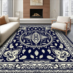 Navy and Cream Mandala Floral Pattern Rug