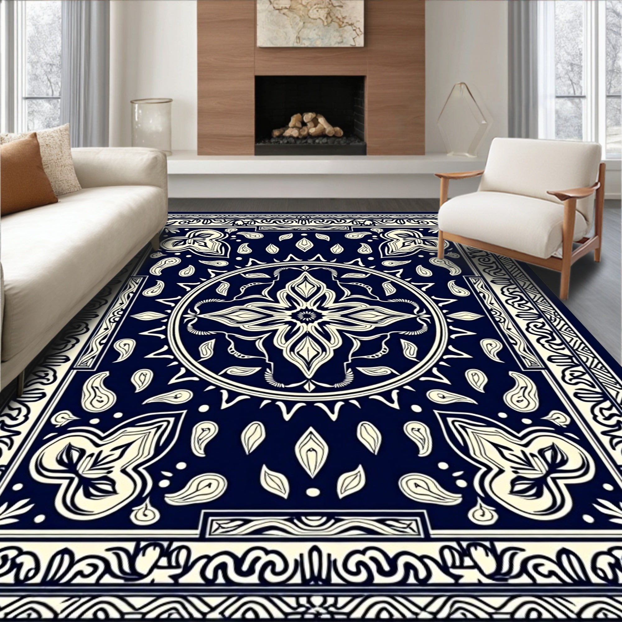 Navy and Cream Mandala Floral Pattern Rug