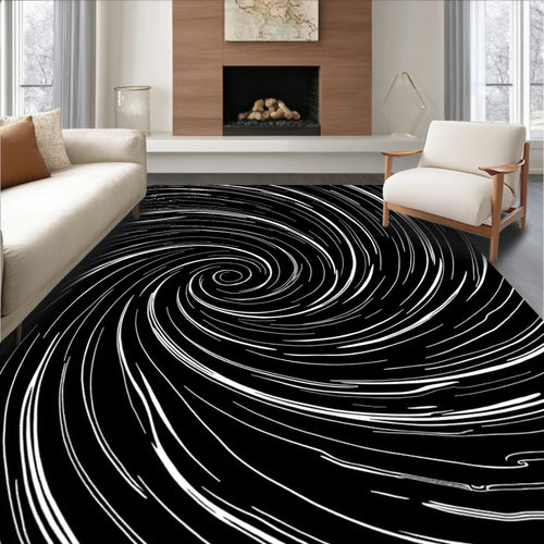Abstract White Swirl Black Rug