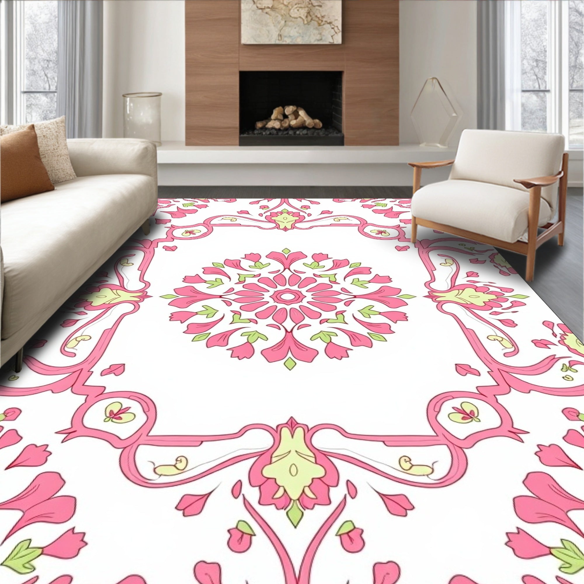 Vintage Pink Floral Medallion Design Rug