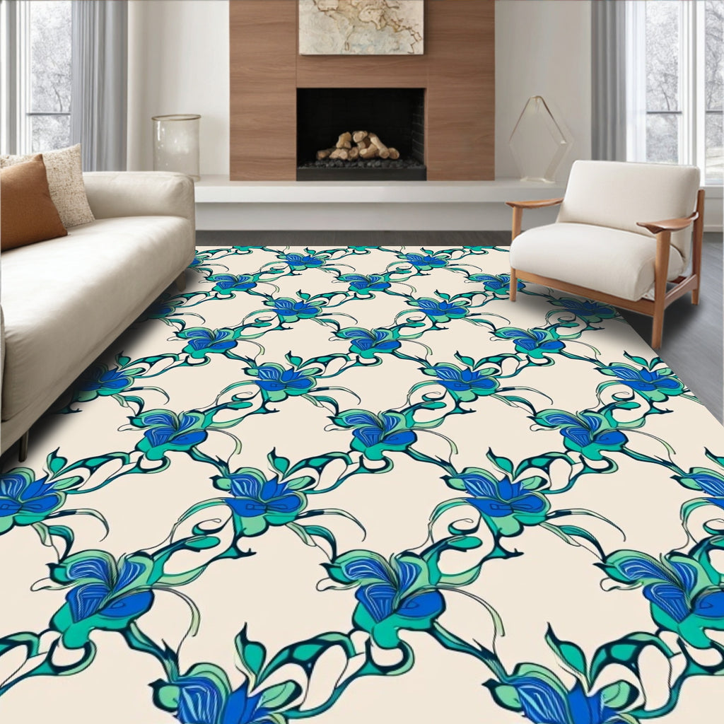 Vibrant Blue Green Floral Swirl Pattern Rug