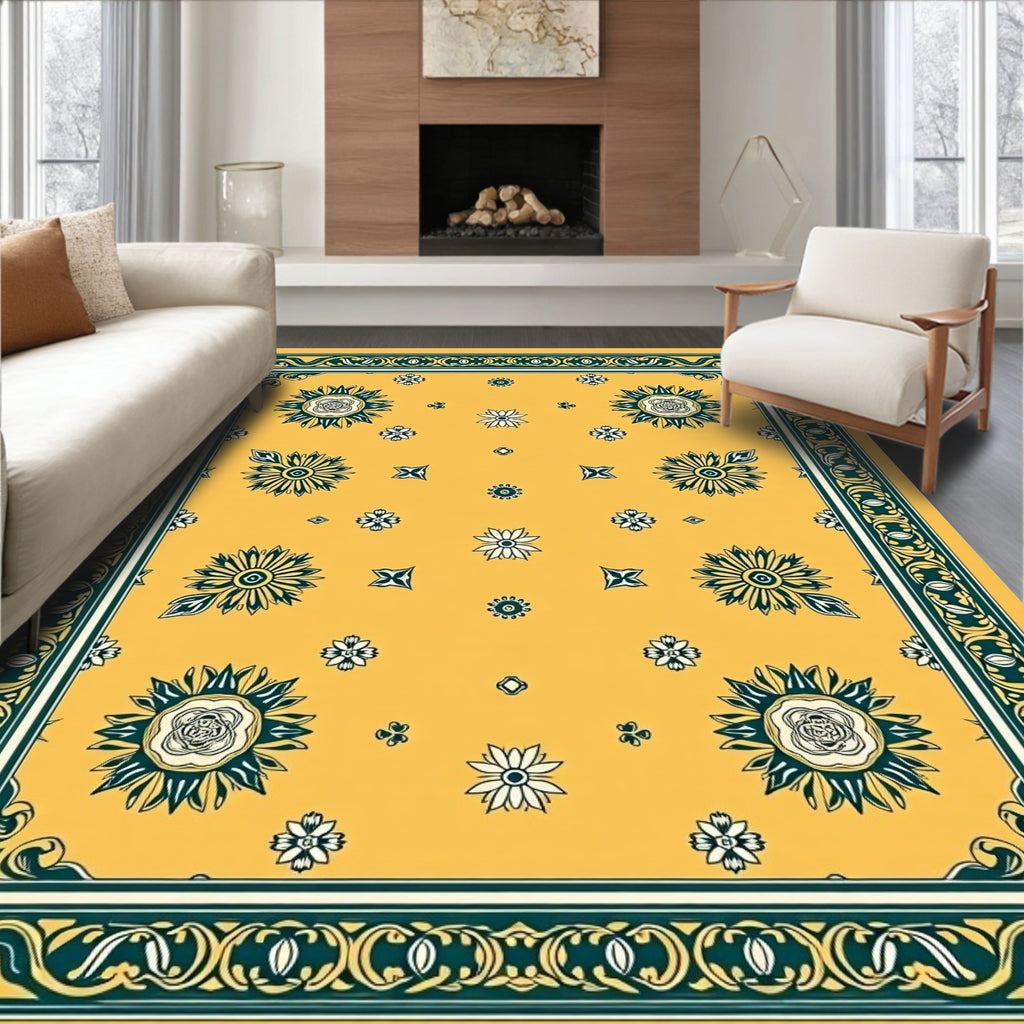 Golden Yellow Floral Patterned Rug