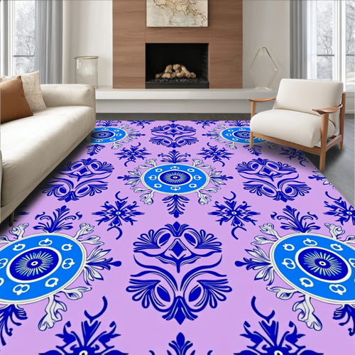 Blue Floral Medallion Patterned Violet Surface Rug