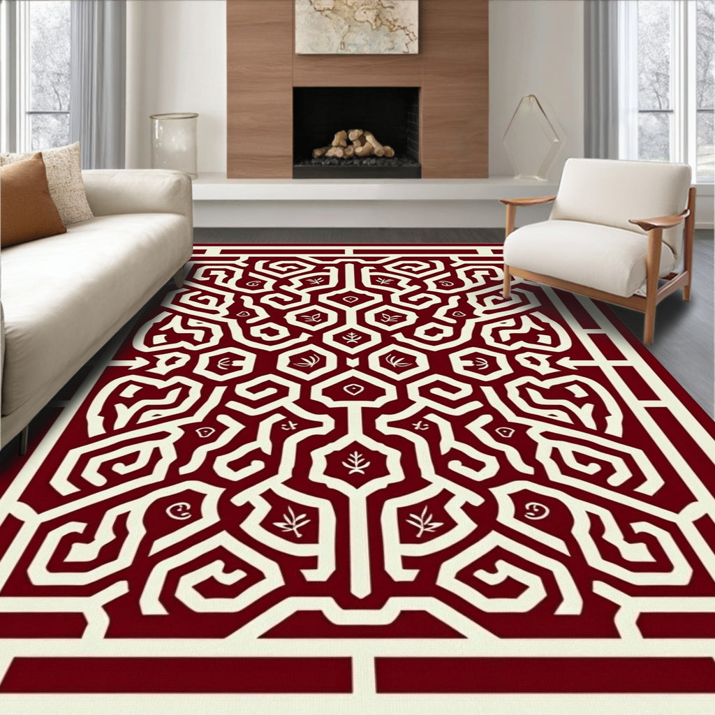 Ornate Red Geometric Vine Pattern Rug