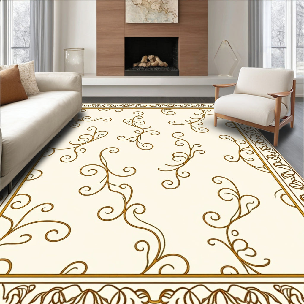 Cream and Gold Vine Pattern Border Rug