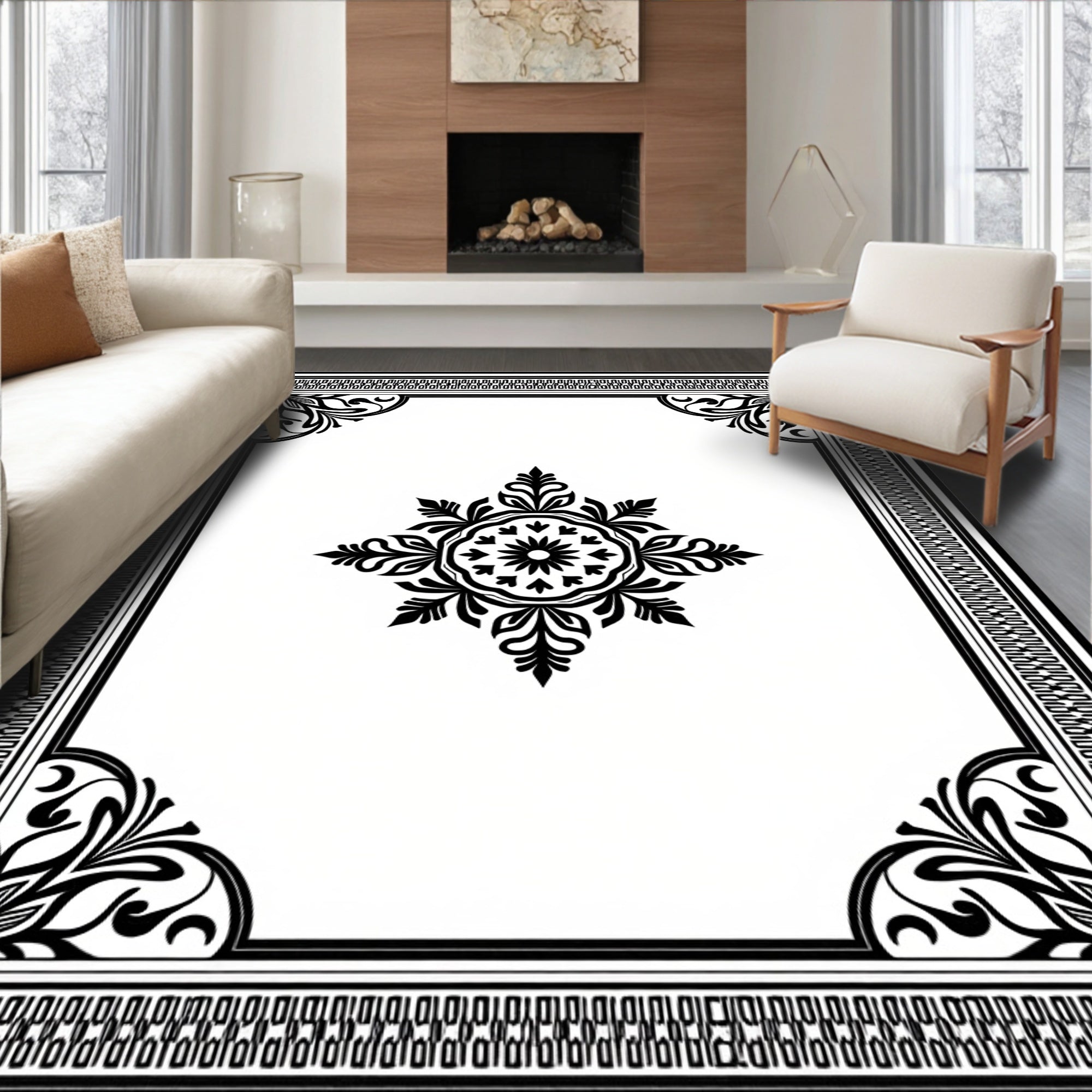 Ornate Floral Mandala Border Rug