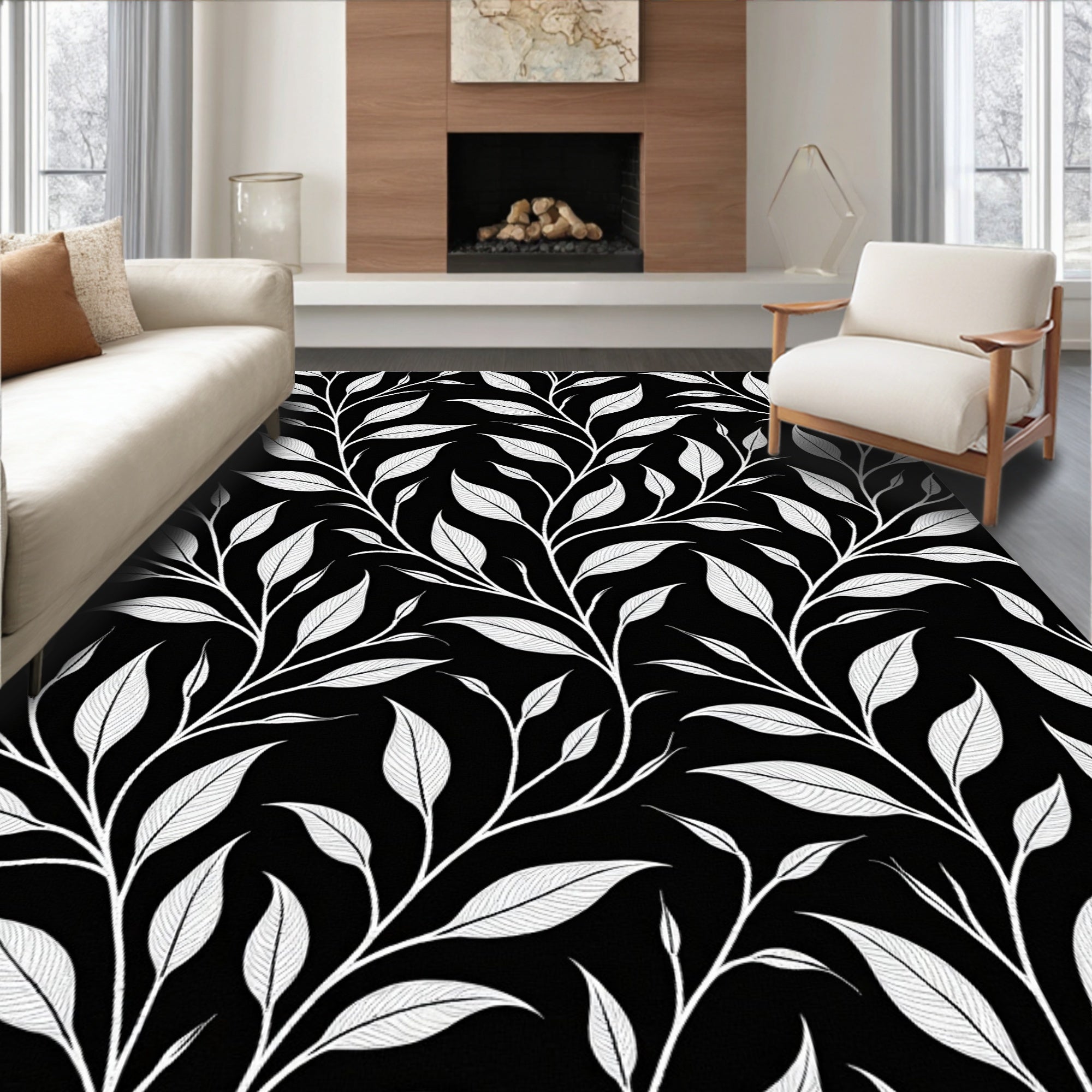 Black White Leafy Vine Pattern Rug