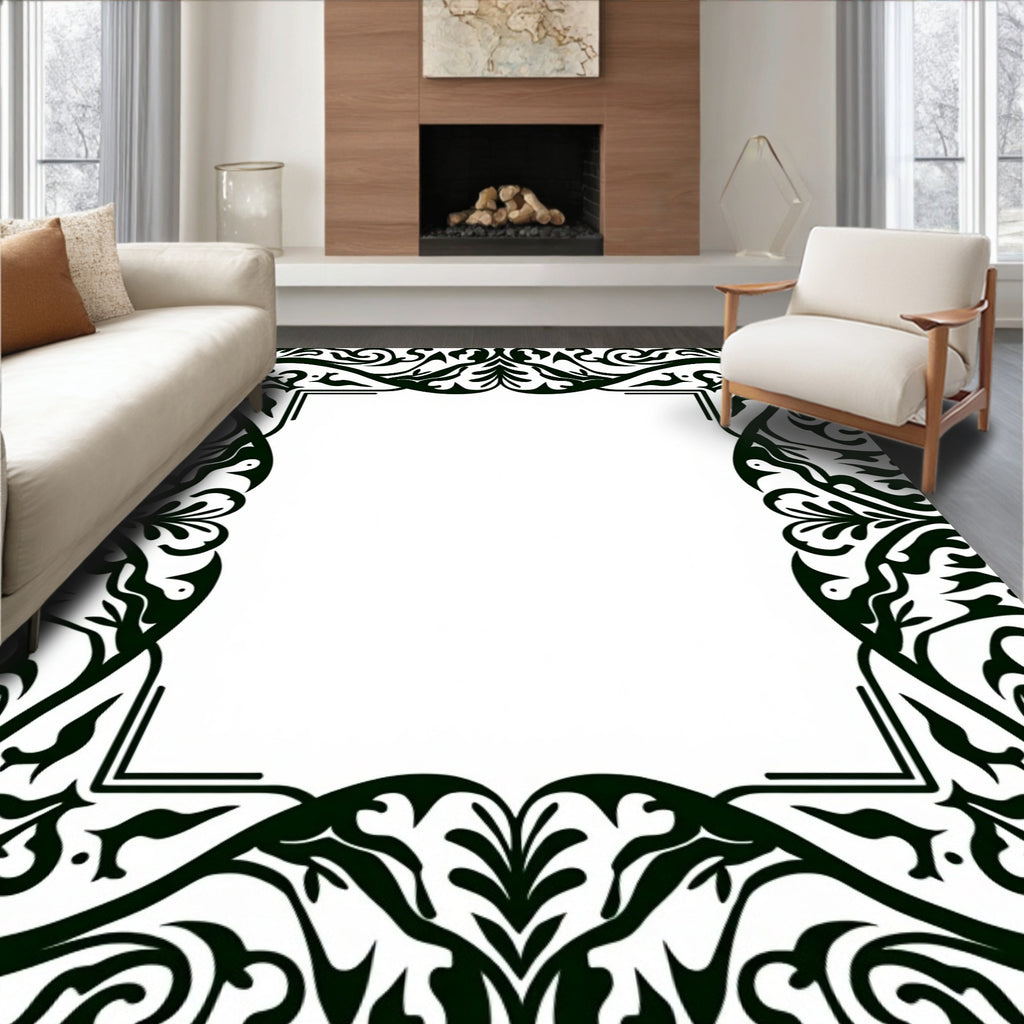 Elaborate Black Scroll Frame Design Rug