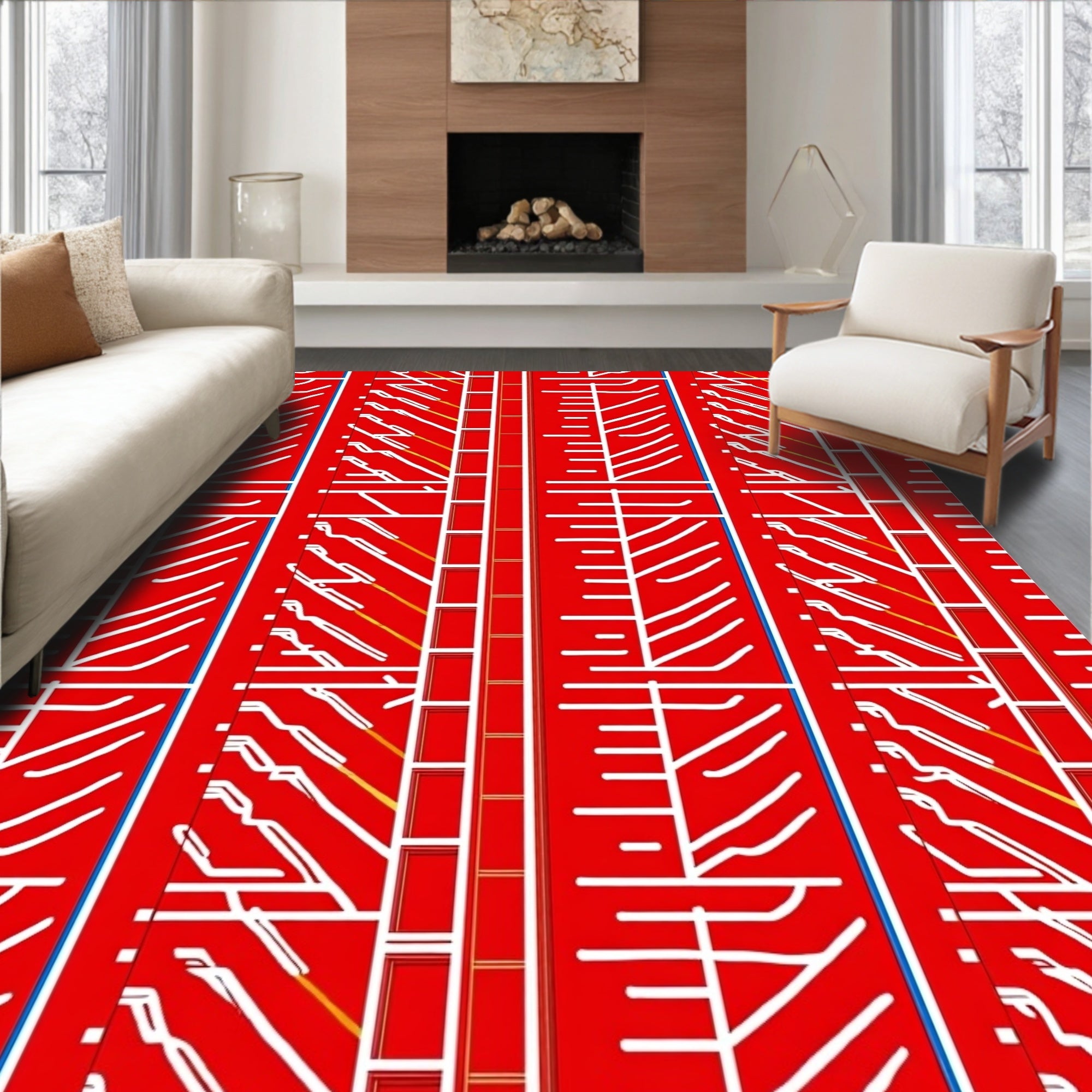 Bold Red White Modern Linear Design Rug
