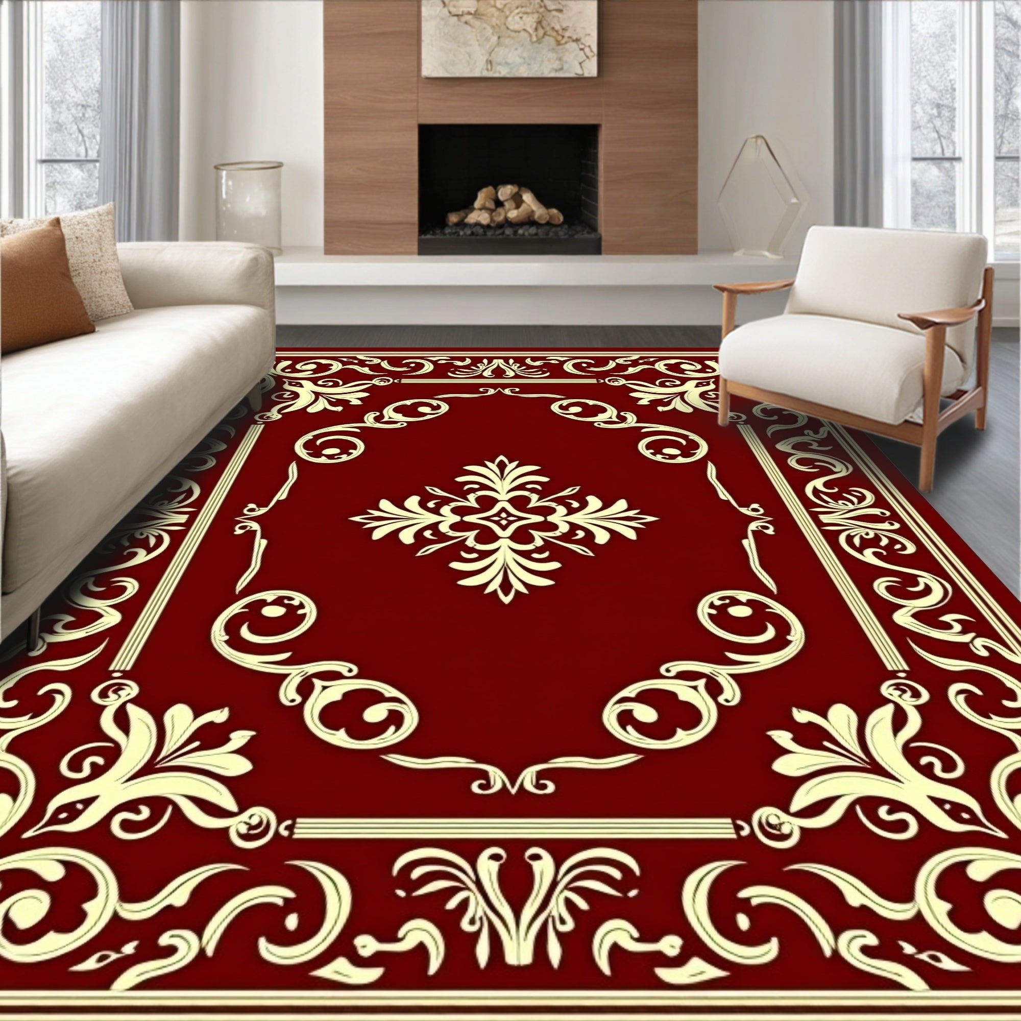 Elegant Burgundy Gold Floral Pattern Rug