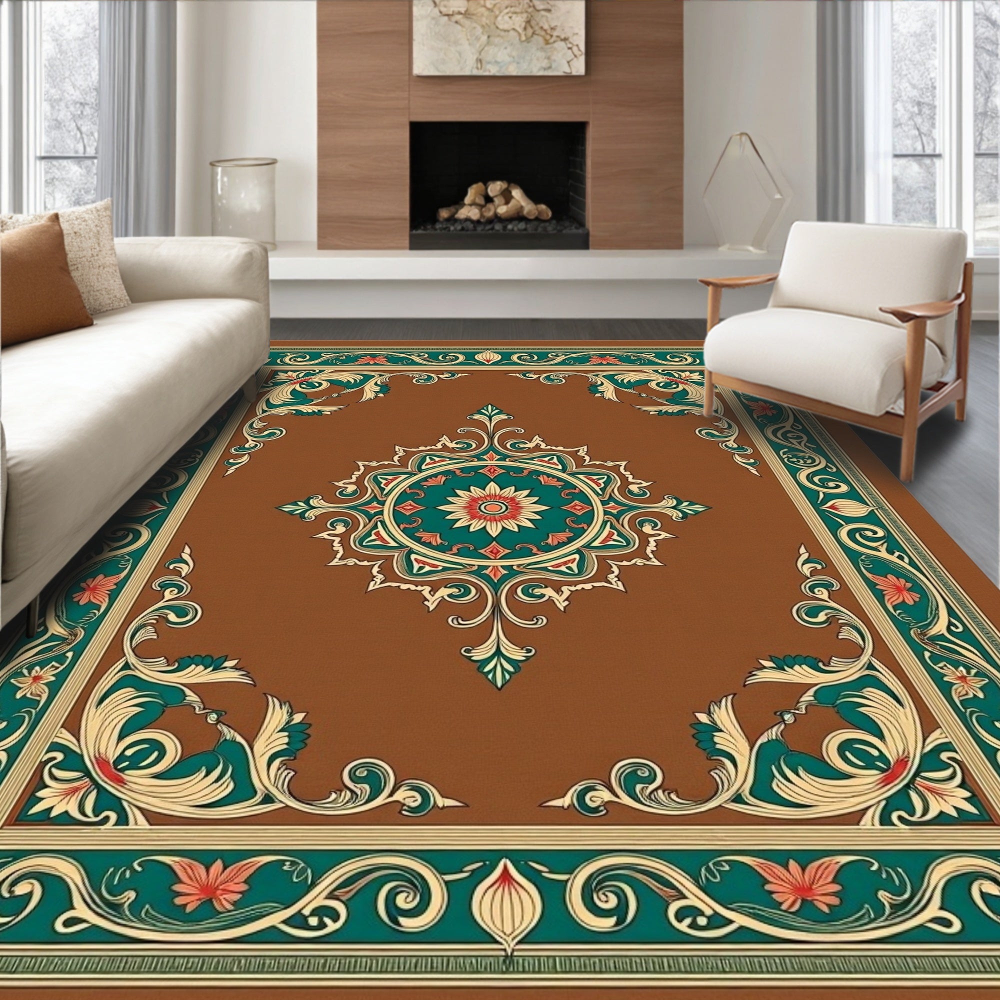 Ornate Floral Center Medallion Border Rug