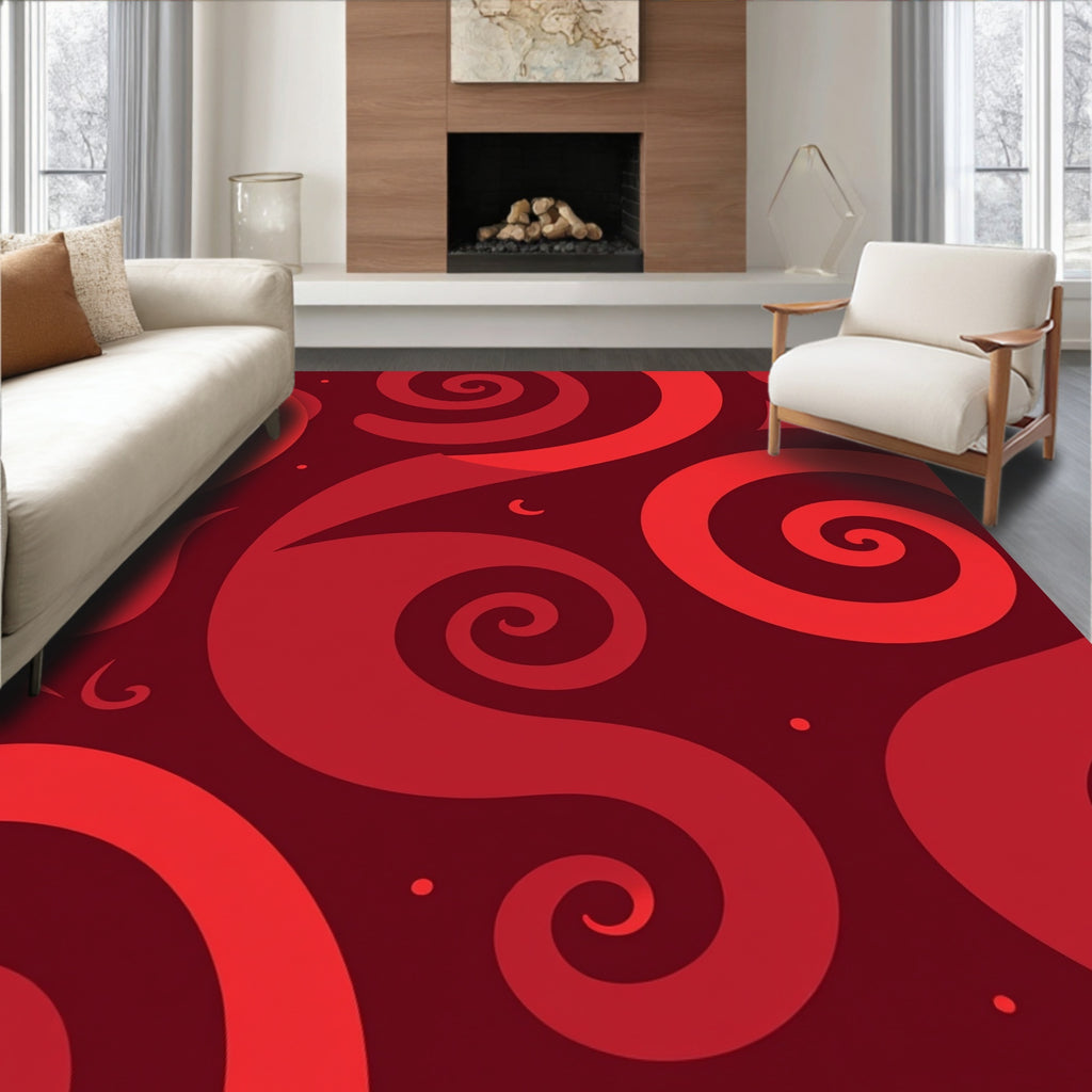 Deep Red Swirls Abstract Design Rug
