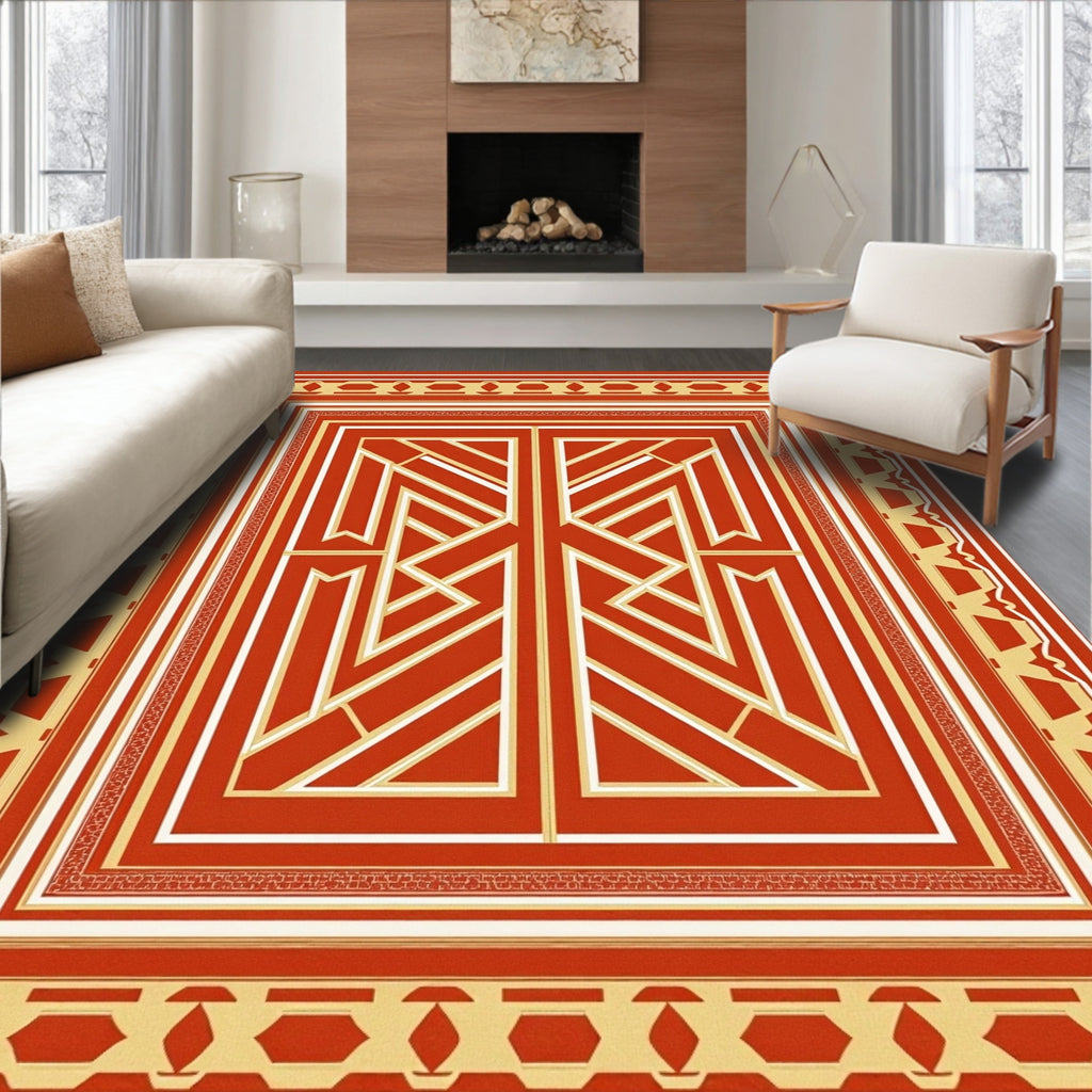 Geometric Art Deco Style Red Rug