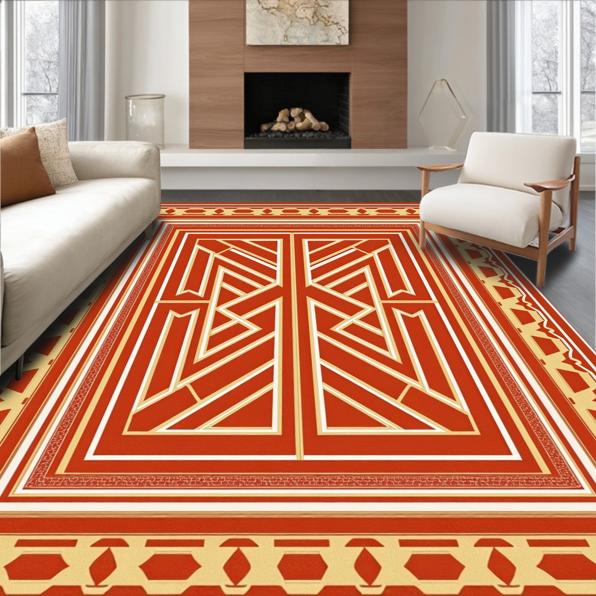 Geometric Art Deco Style Red Rug