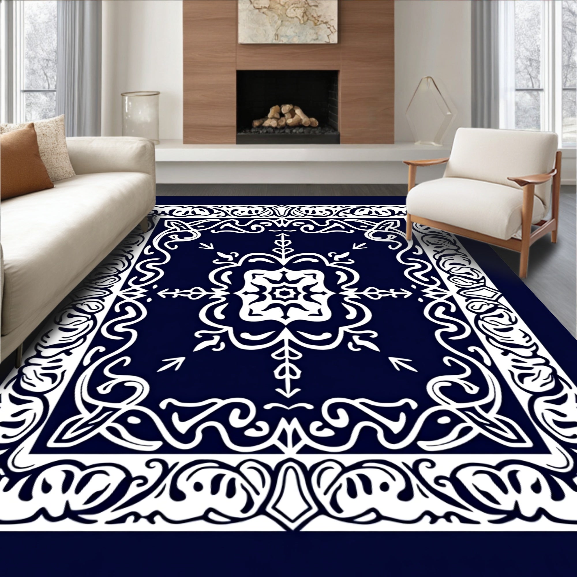 Abstract White Paisley Border Design Rug