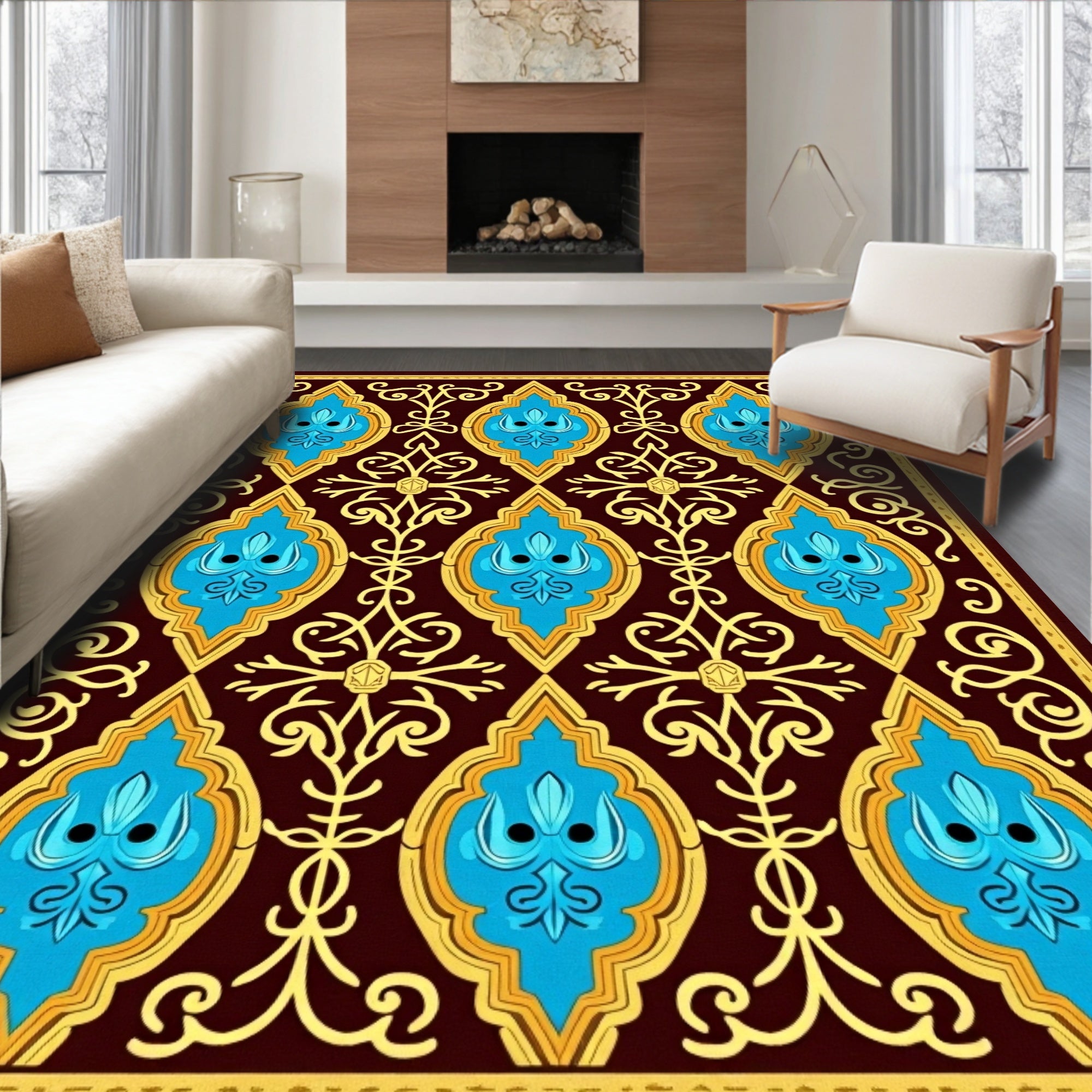 Vintage Blue Yellow Floral Pattern Rug