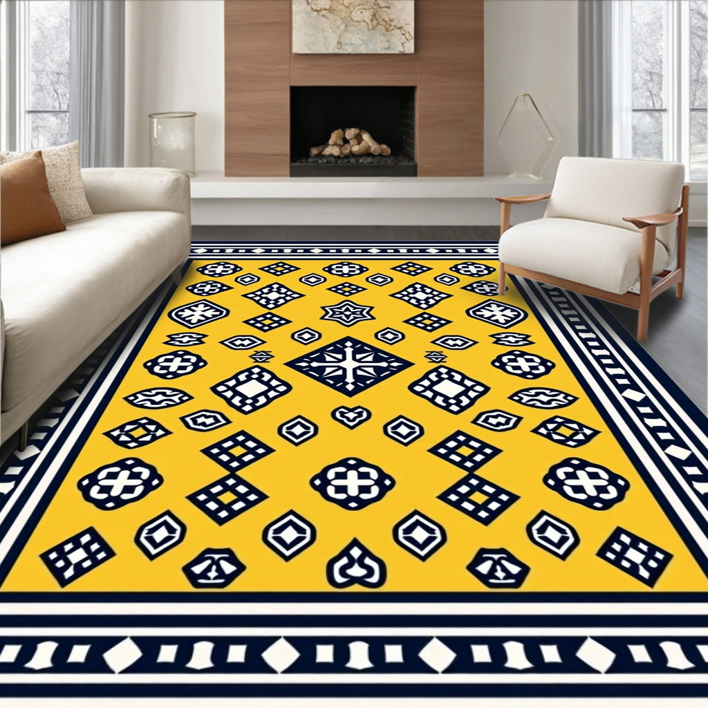 Geometric Motif Yellow Navy Area Rug