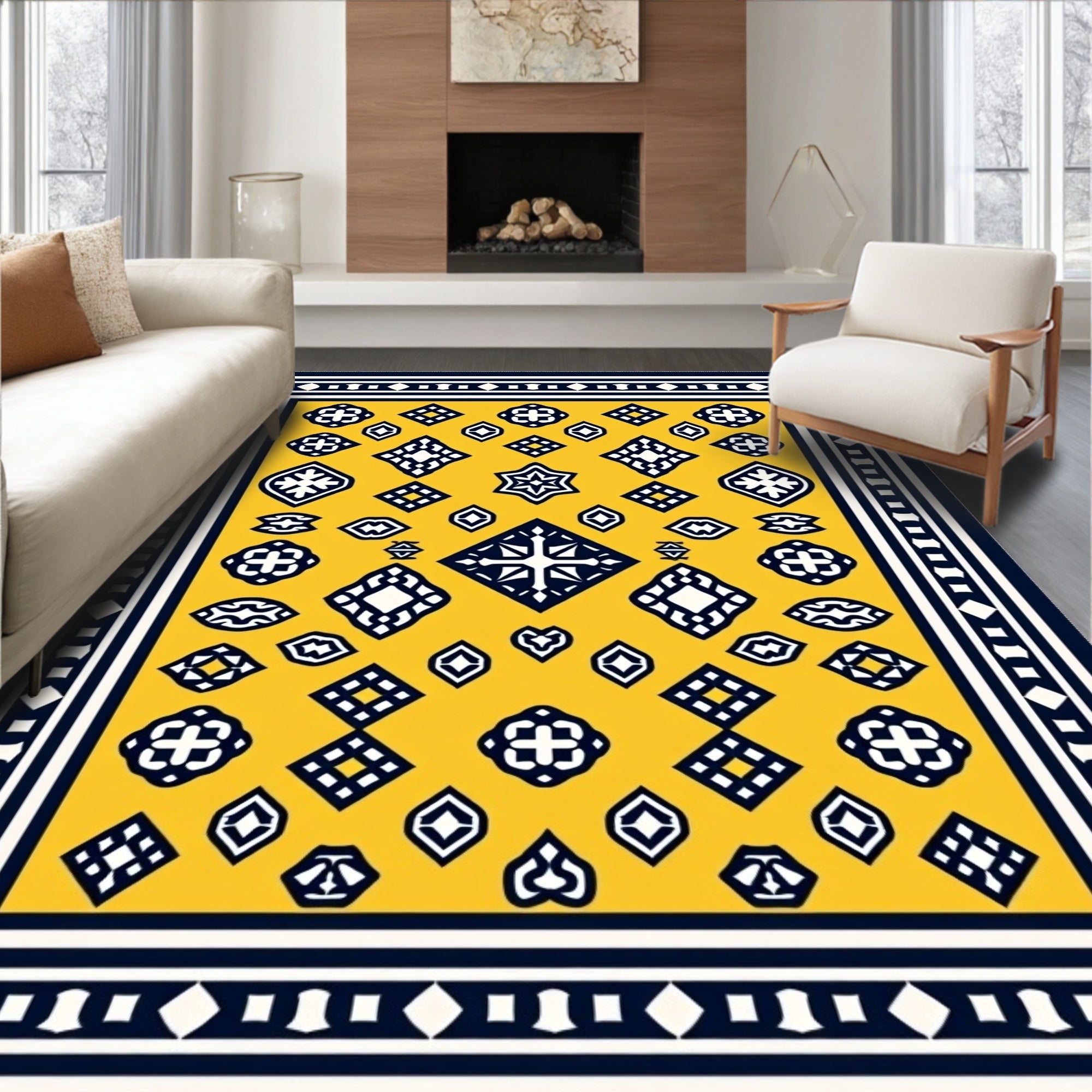 Geometric Motif Yellow Navy Area Rug