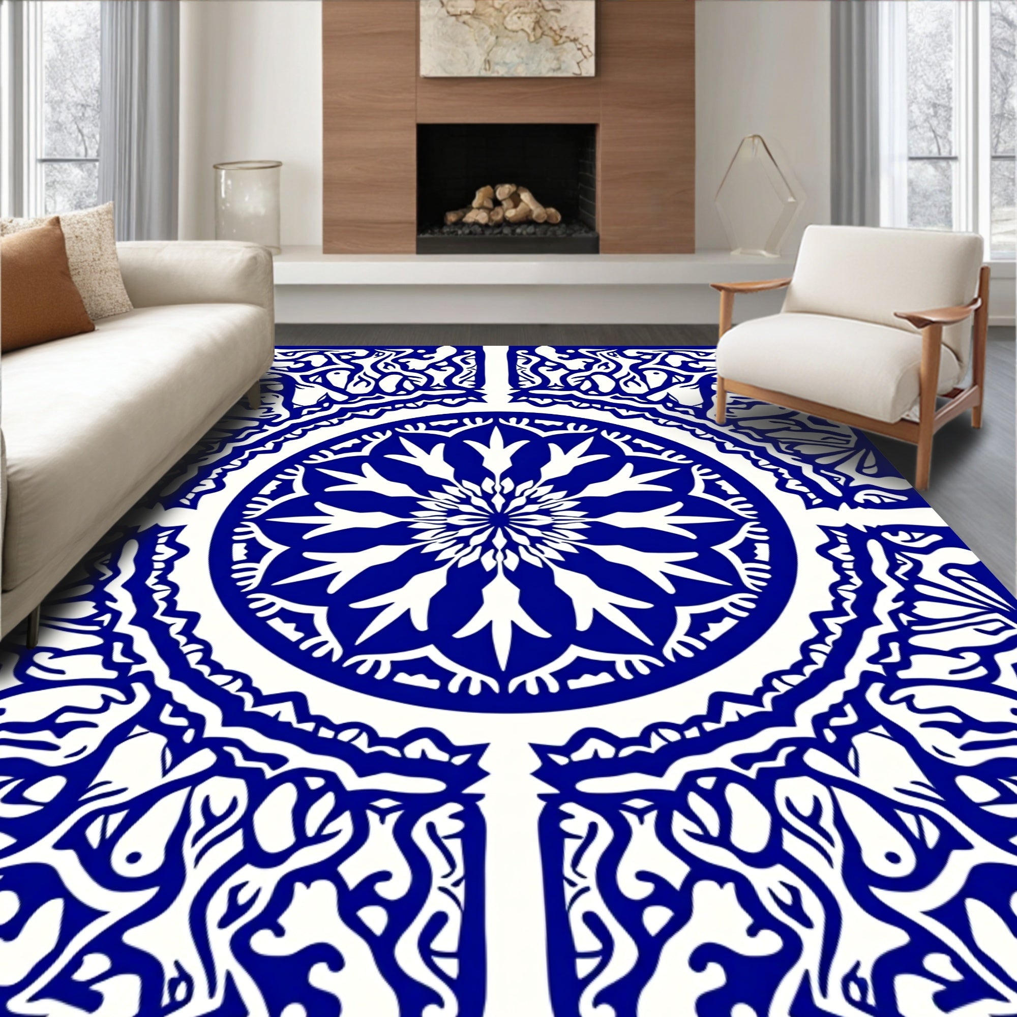 Ornate Blue White Mandala Pattern Rug