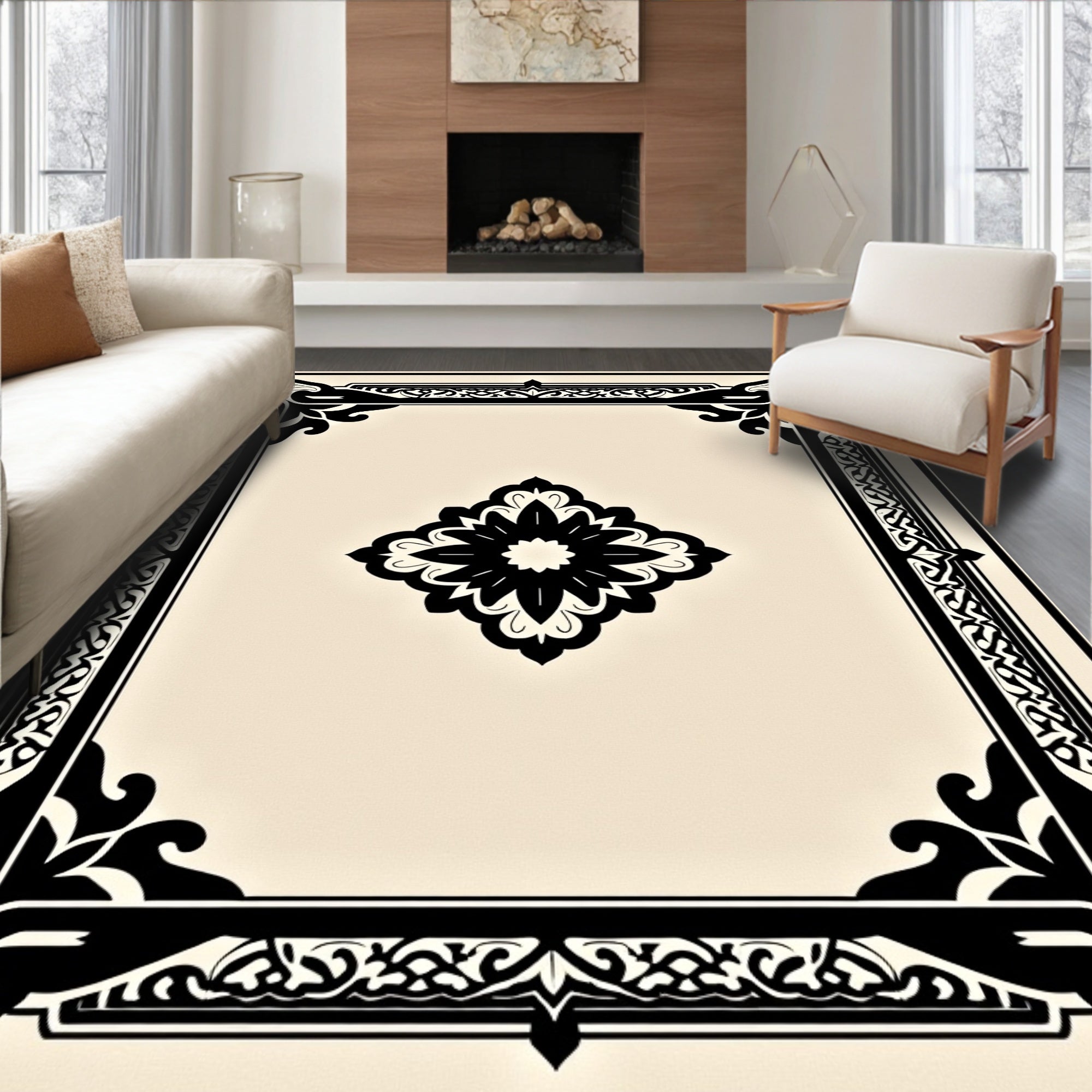 Black Floral Frame with Central Medallion Rug