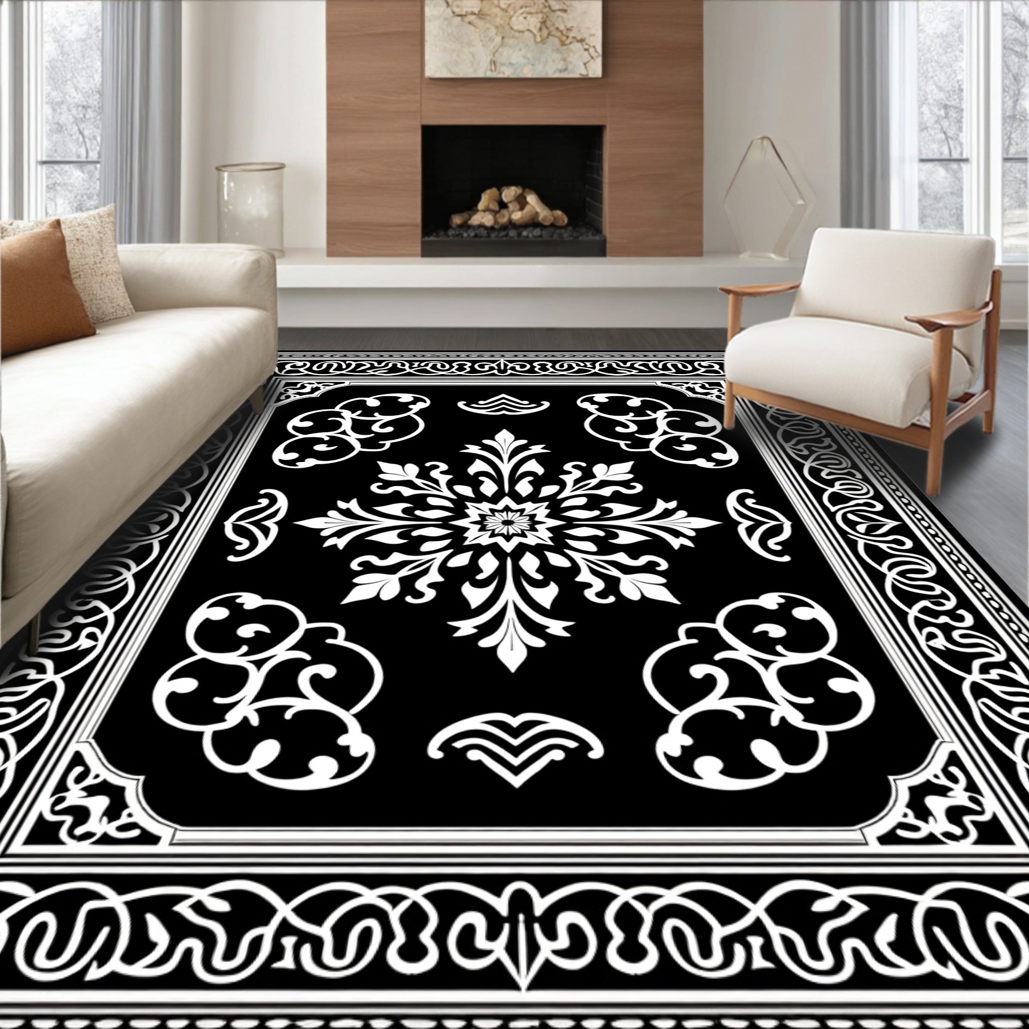 Elegant Black White Floral Pattern Rug