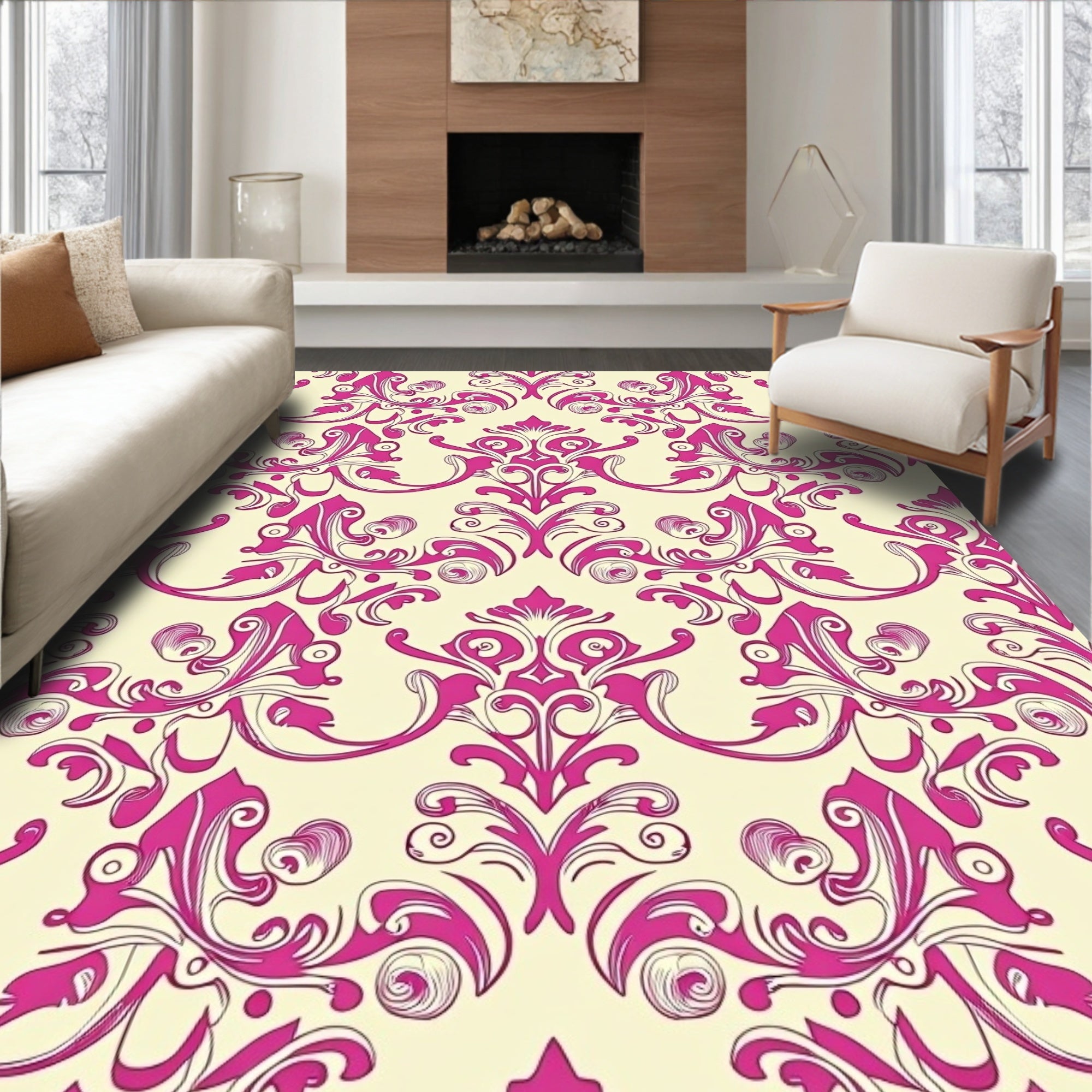 Pink Floral Damask Pattern Rug