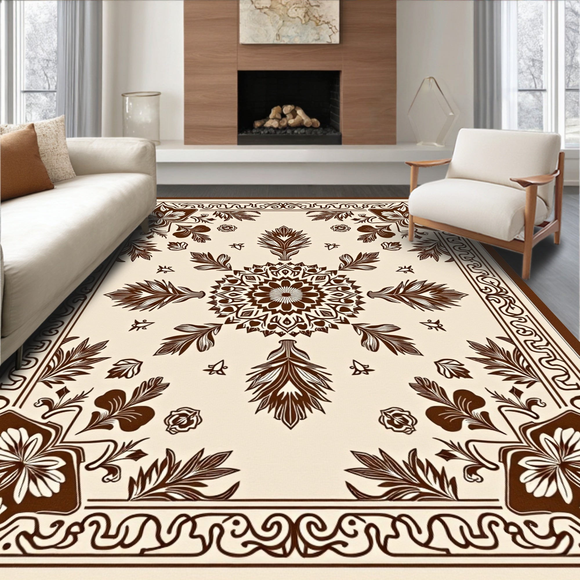 Traditional Brown Floral Medallion Design Rug