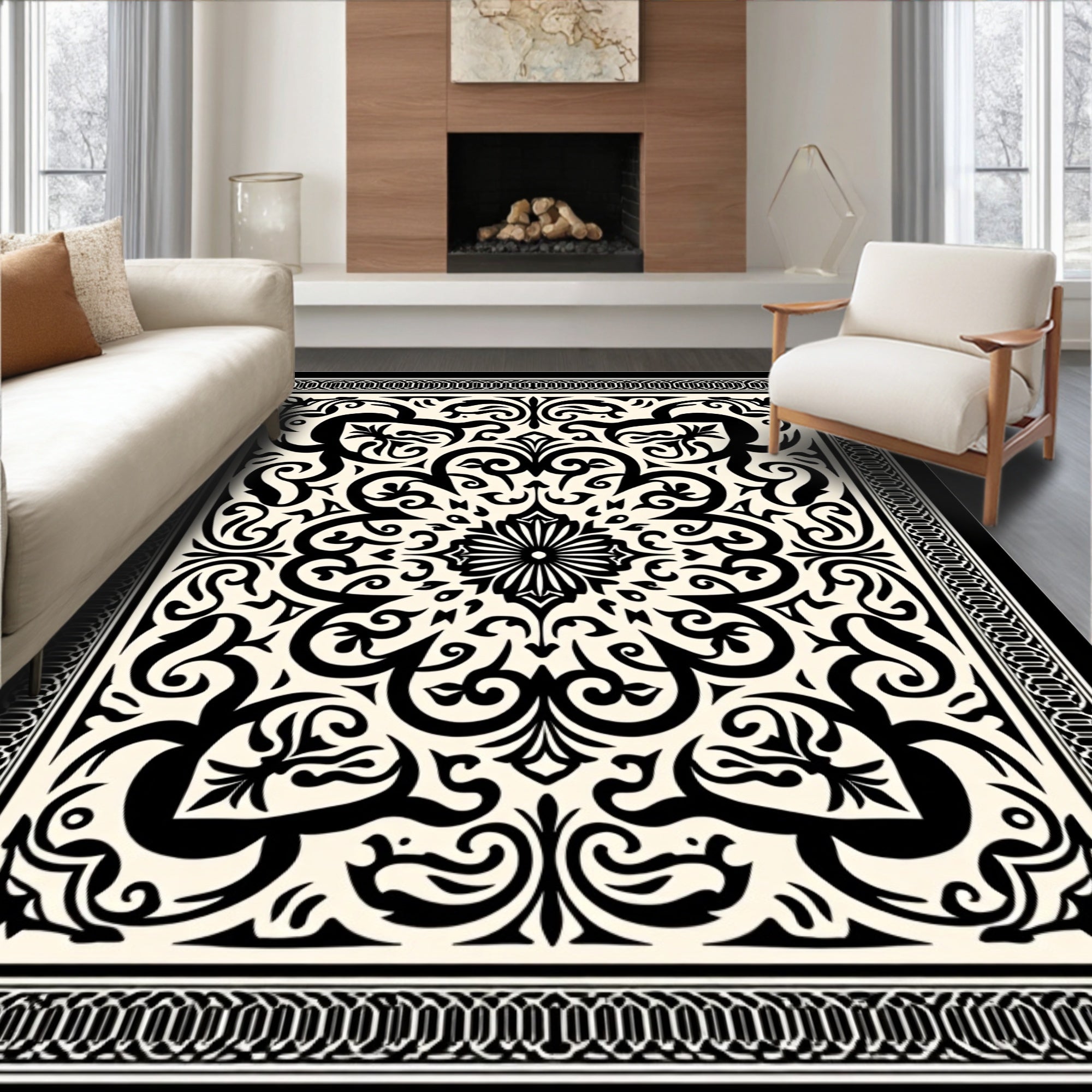 Intricate Black Cream Floral Mandala Rug