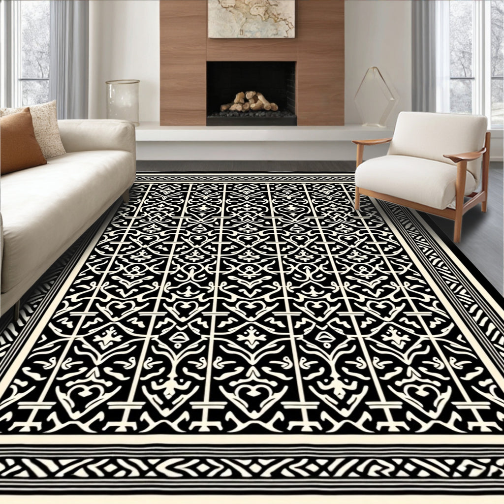 Intricate Black White Ornamental Rug