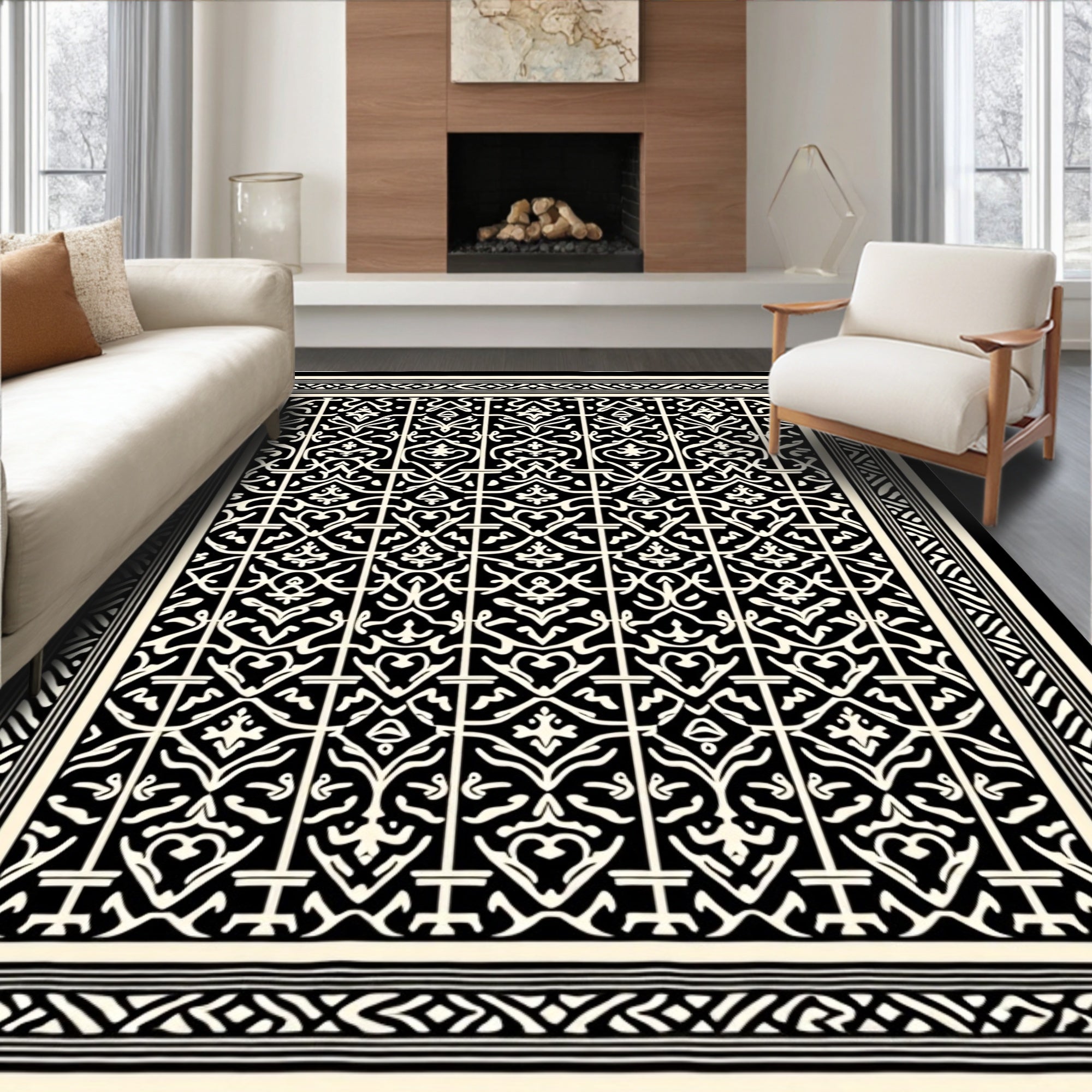 Intricate Black White Ornamental Rug