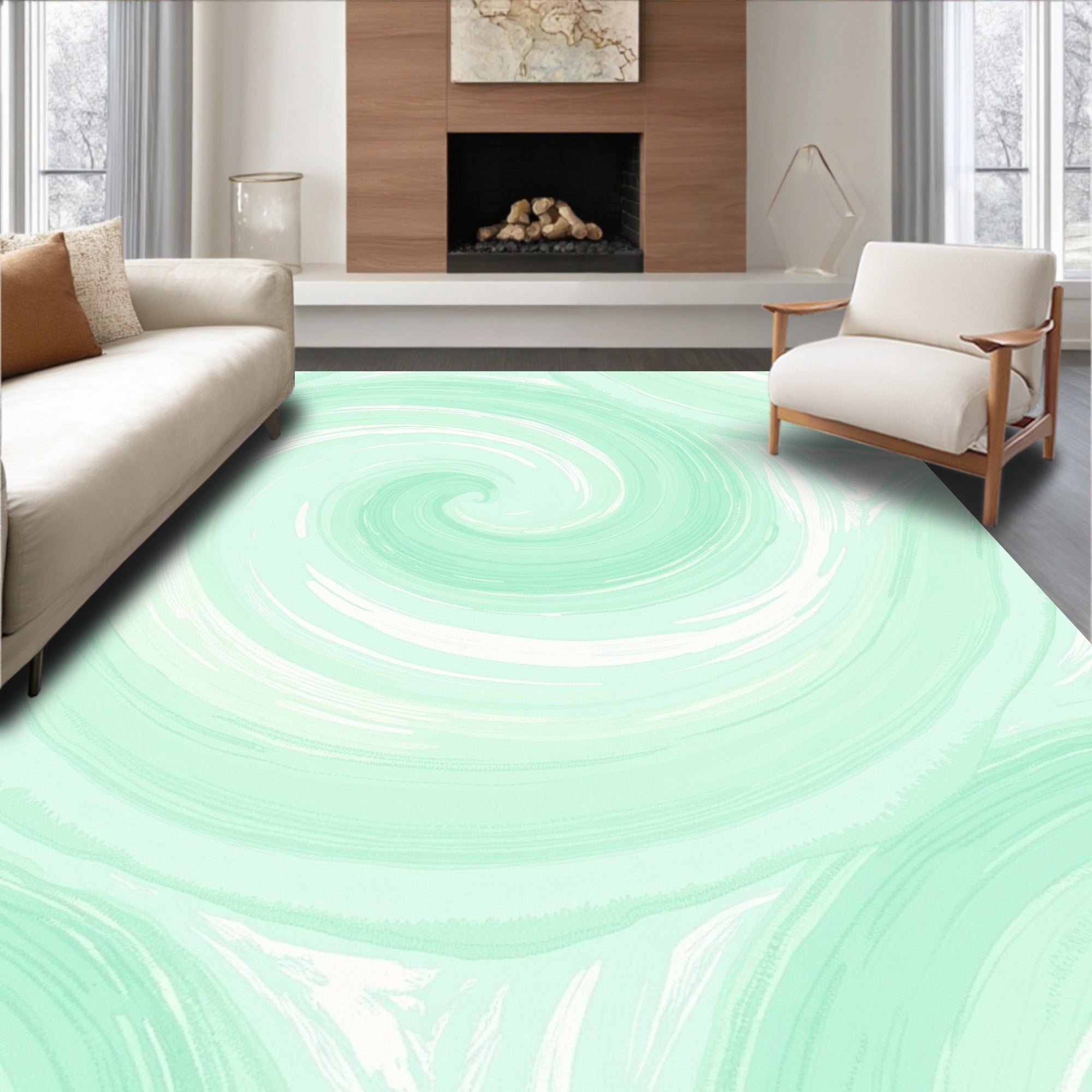 Mint Swirl Abstract Brushstroke Pattern Rug