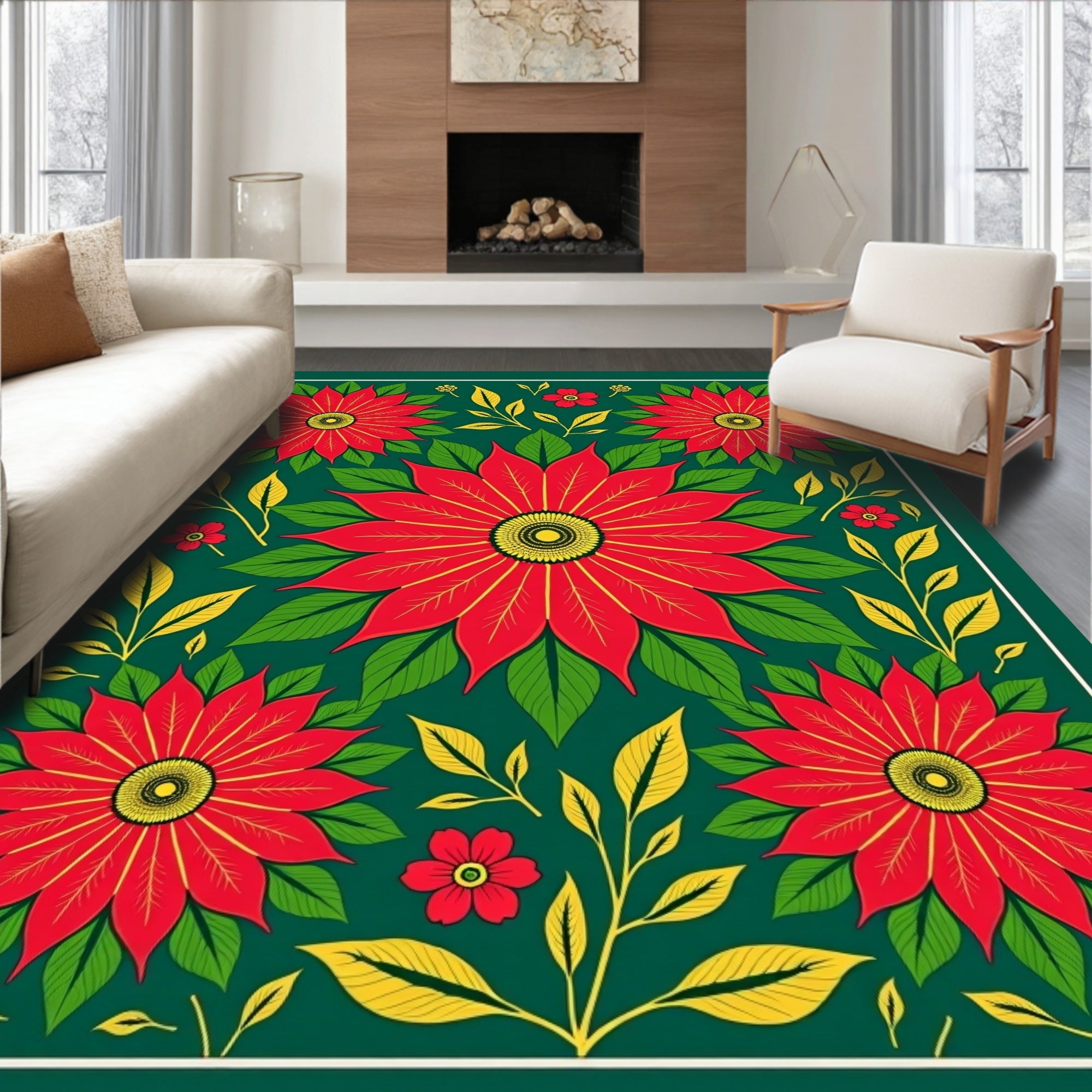 Vibrant Red Poinsettia Floral Foliage Rug