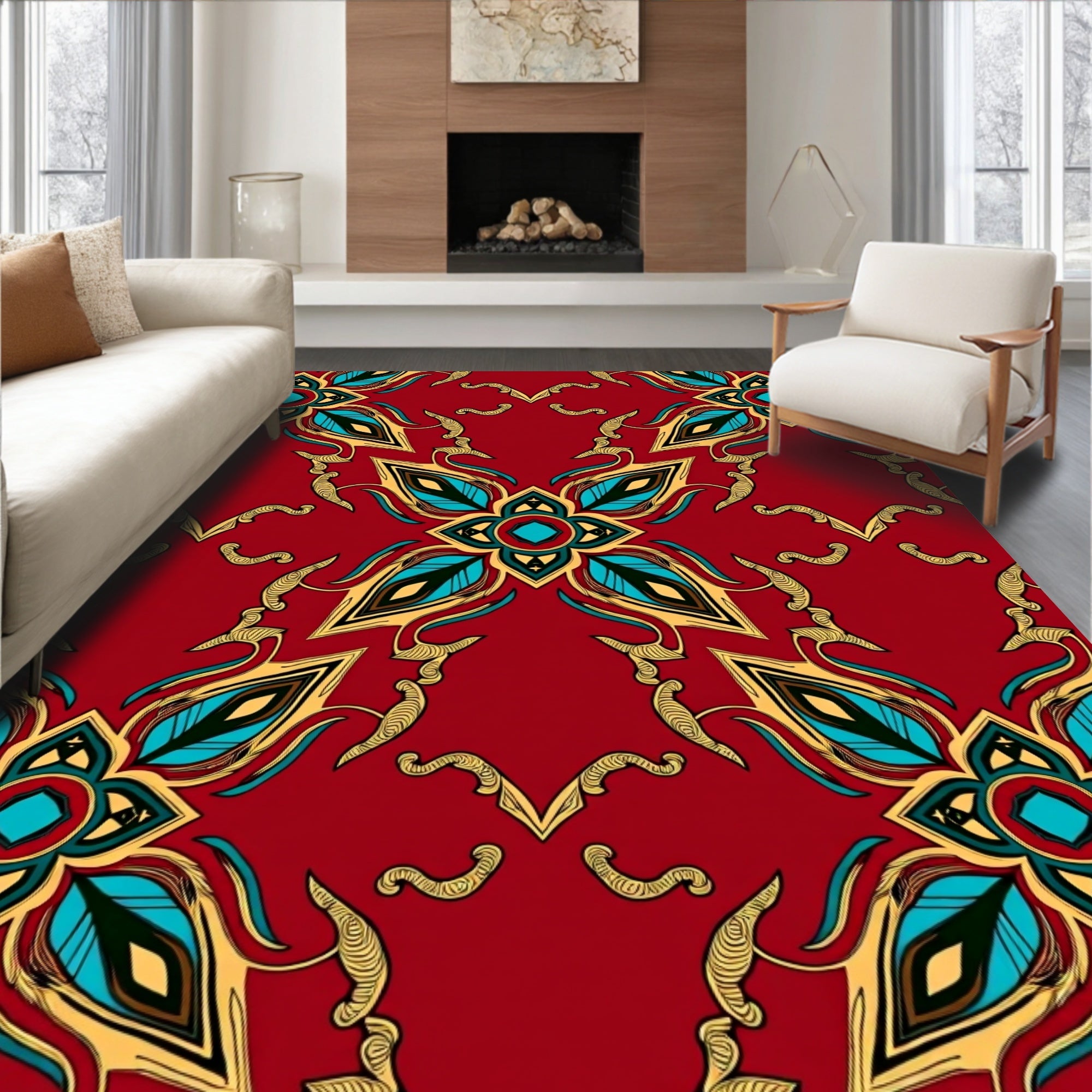 Crimson Floral Pattern With Gold Accents Rug