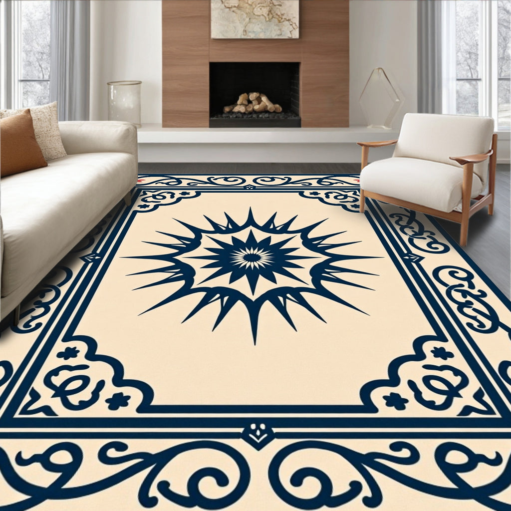 Navy Sun Burst Floral Border Rug