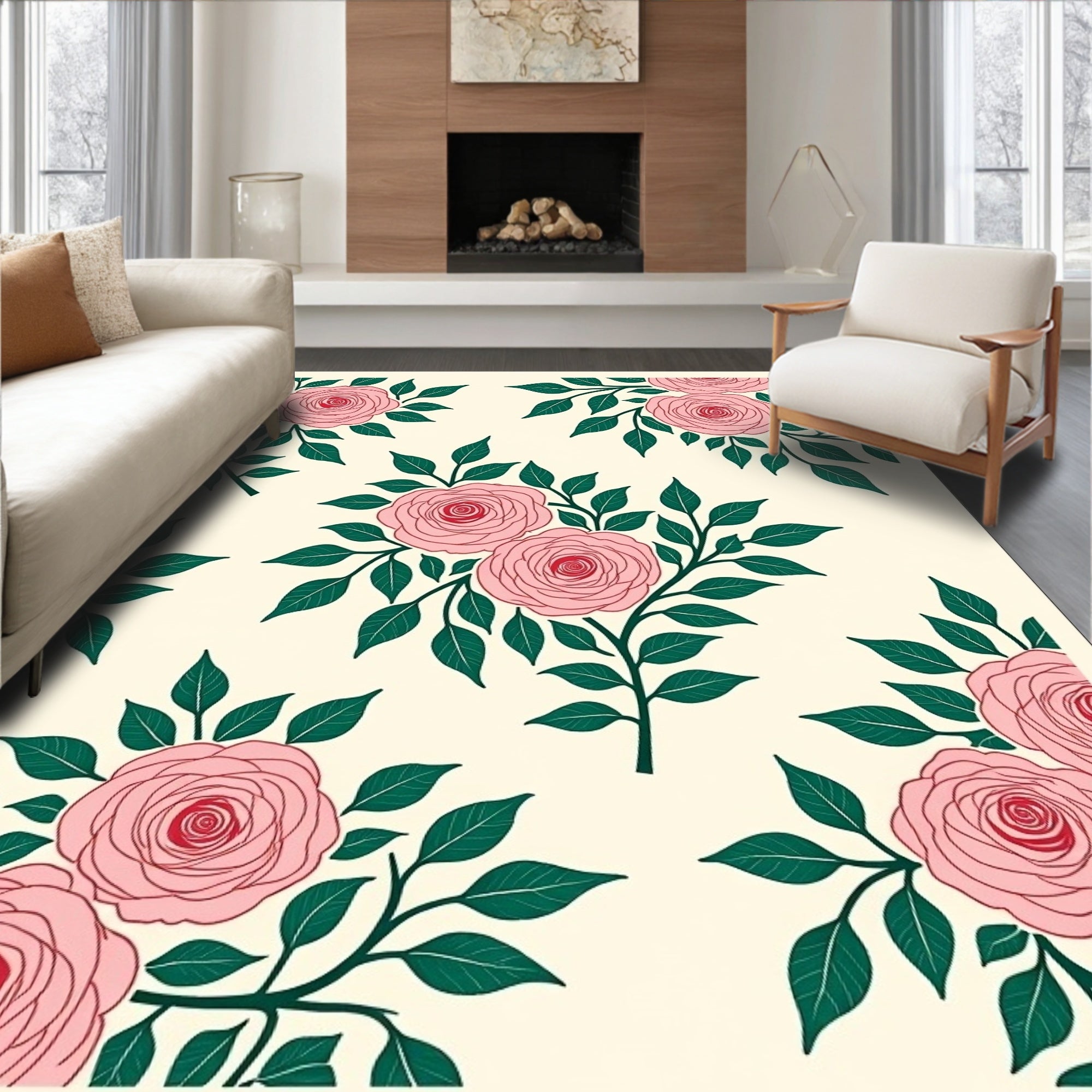 Pink Rose Floral Pattern Rug