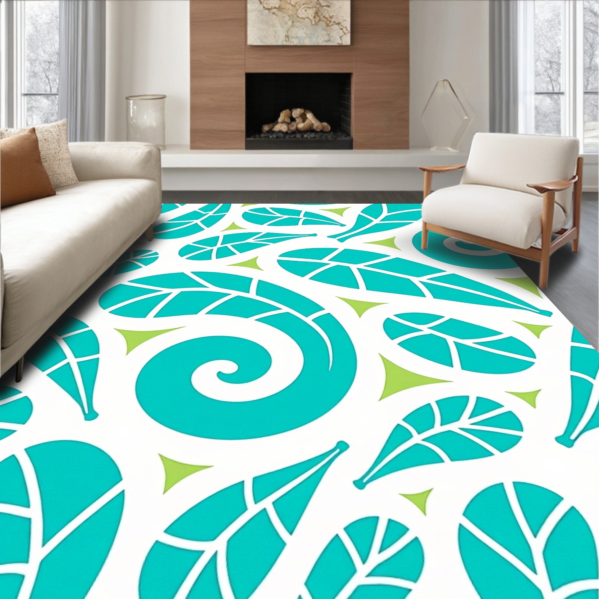Aqua Leaf and Swirl Pattern Rug