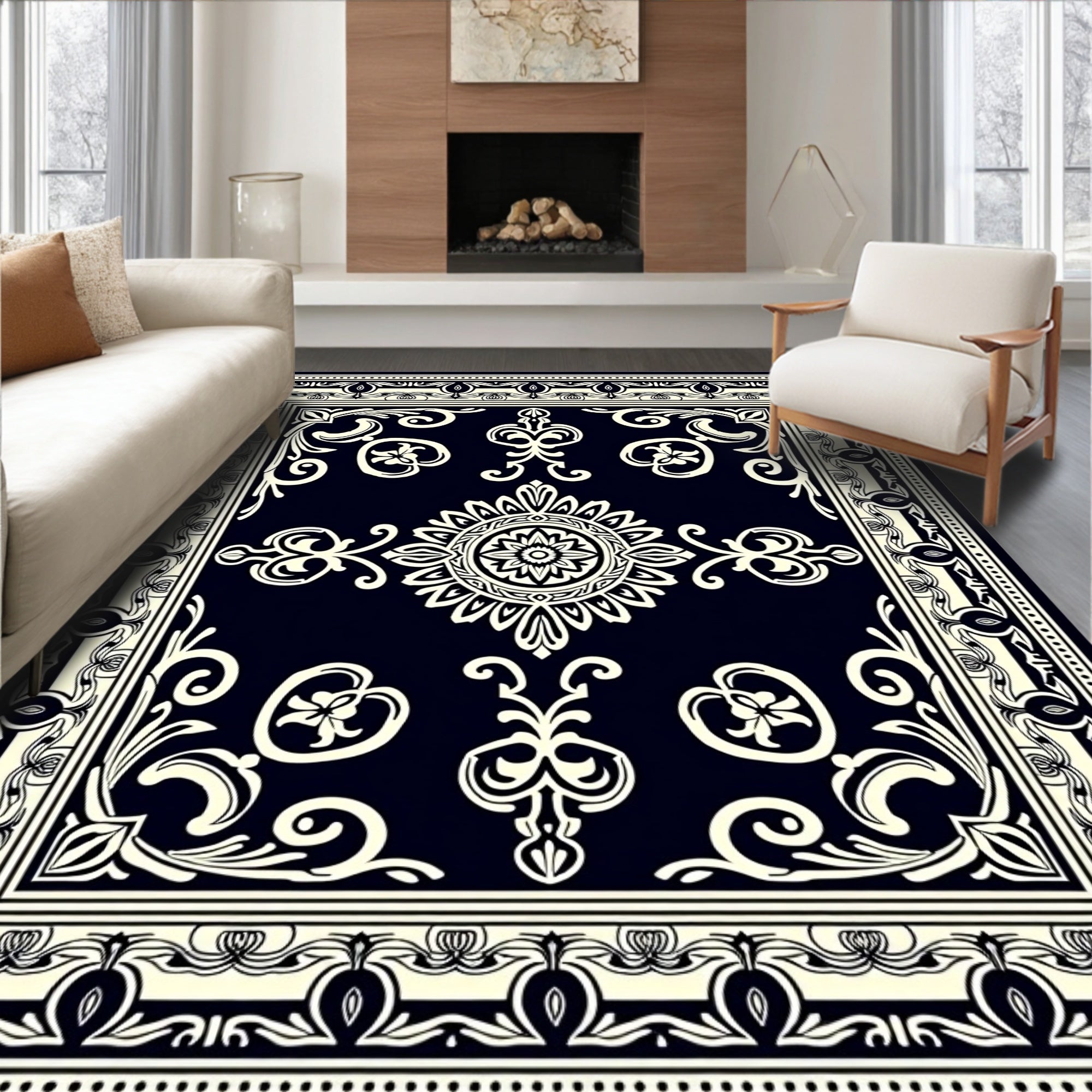 Classic Black Cream Floral Medallion Rug