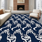 White Abstract Swirls On Navy Rug