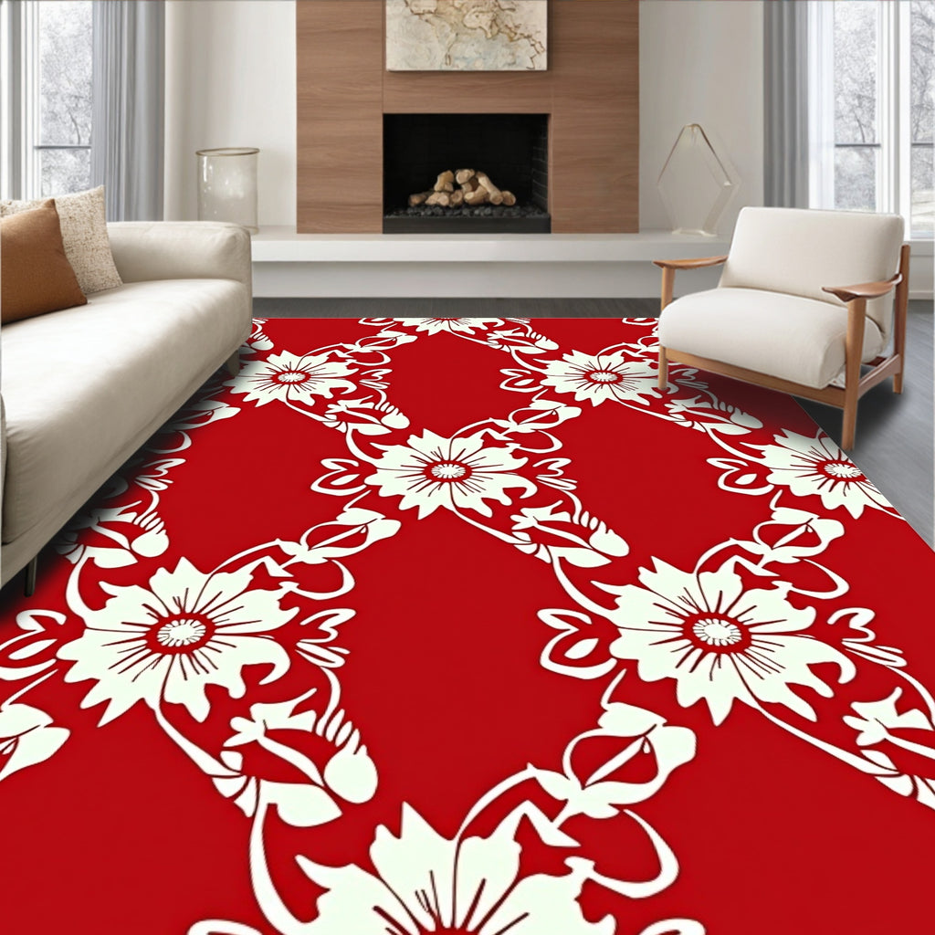 Ornate Floral Vines Red White Pattern Rug