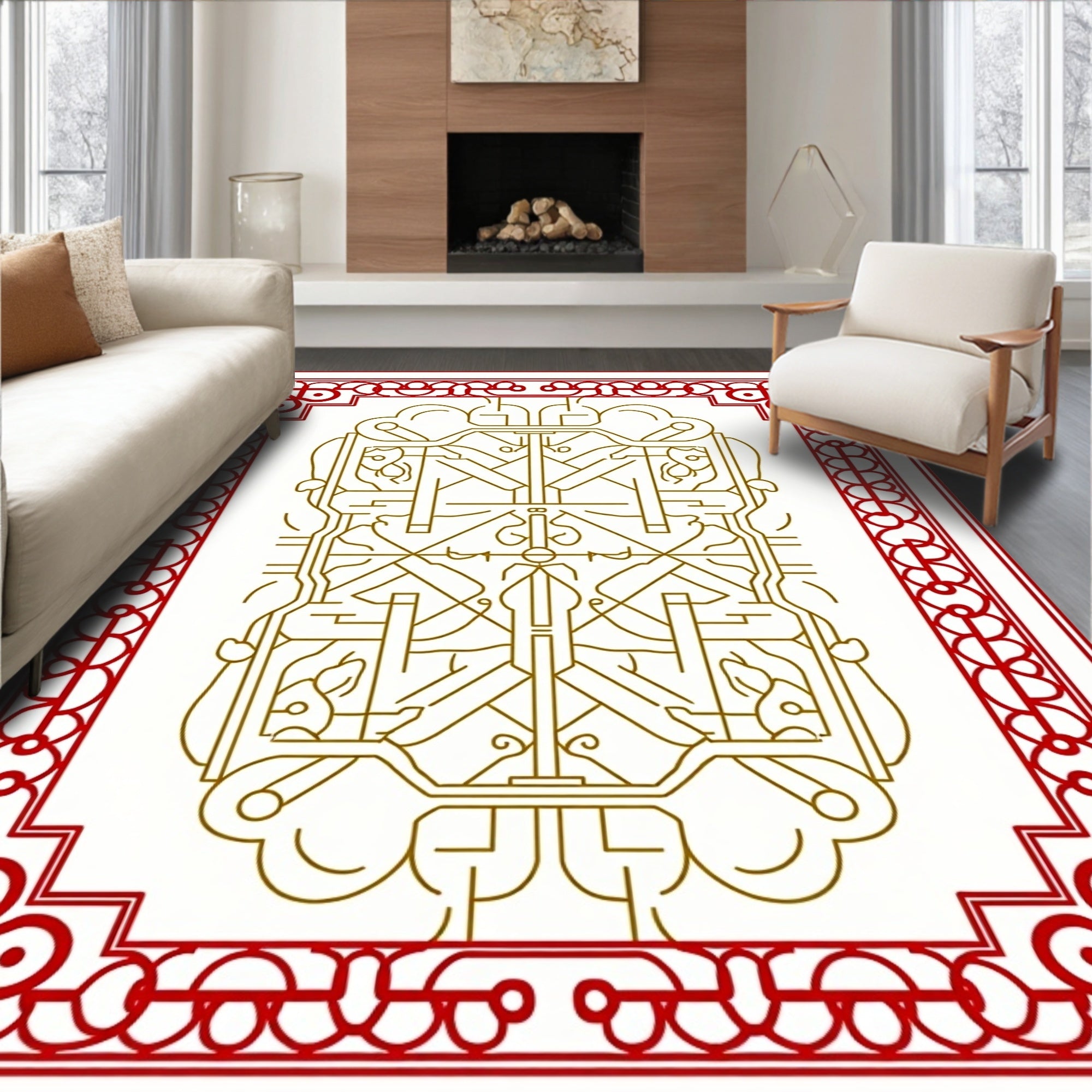 Red Gold Geometric Medallion Pattern Rug