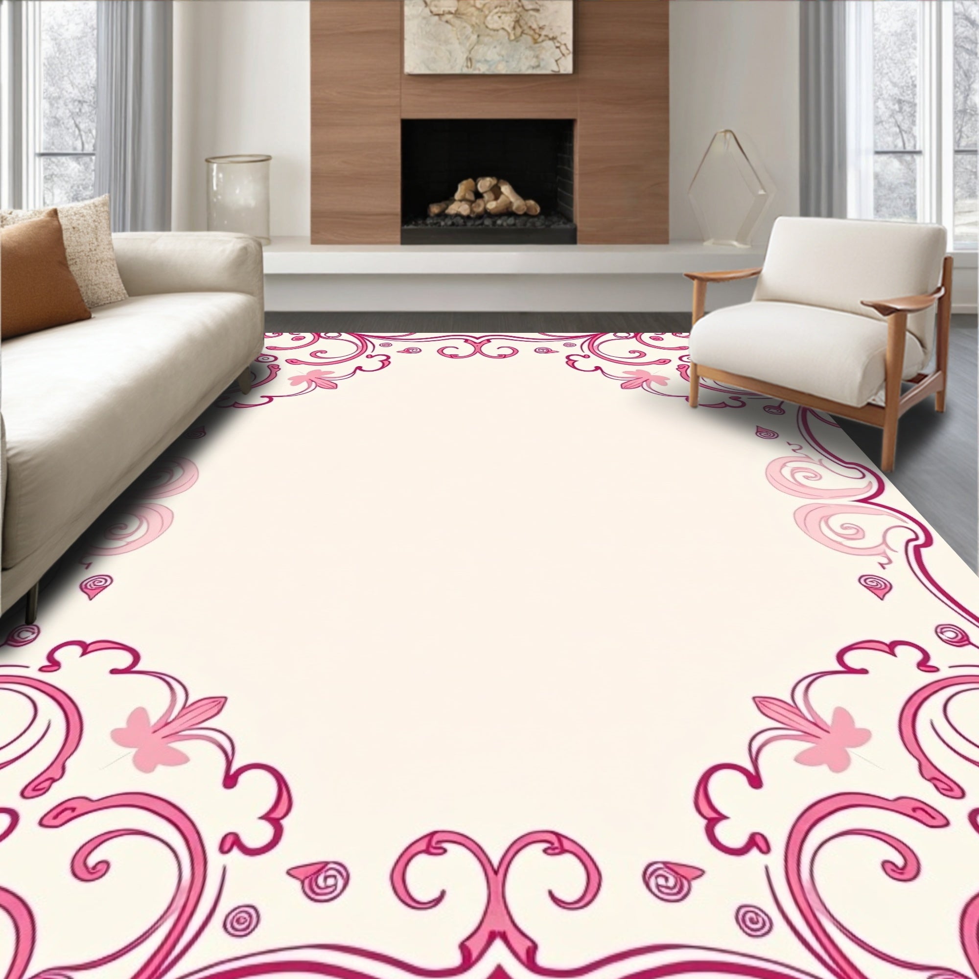 Elegant Pink Swirl Floral Design Rug