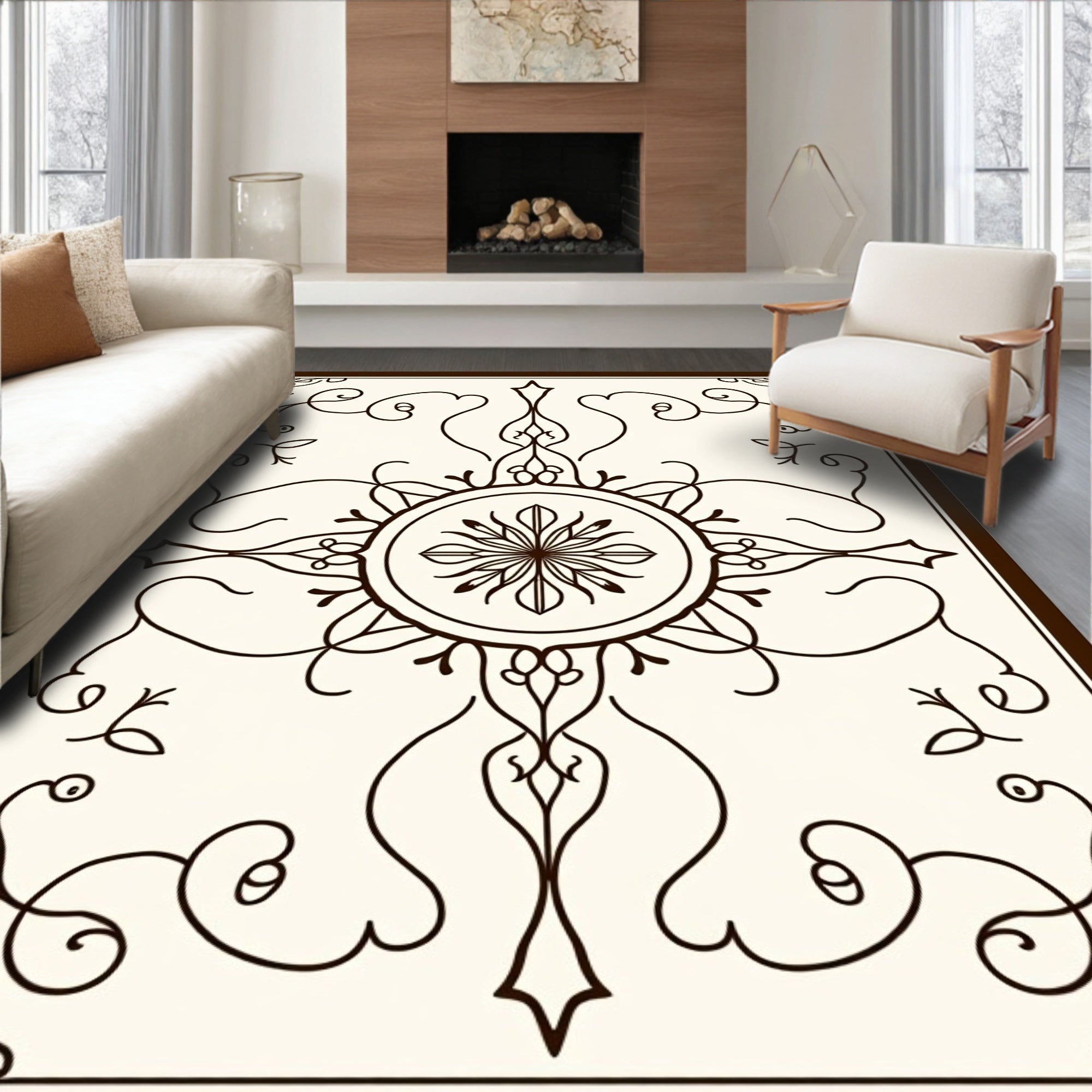 Intricate Scrollwork Ornamented Mandala Design Rug