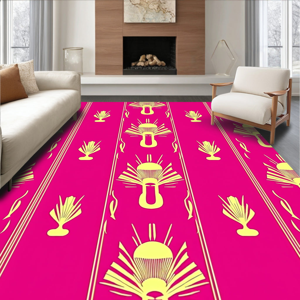 Yellow Fan Patterned Bright Rug