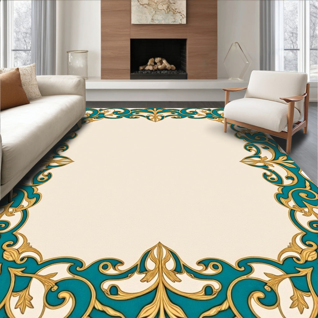 Teal Gold Floral Intricate Border Rug