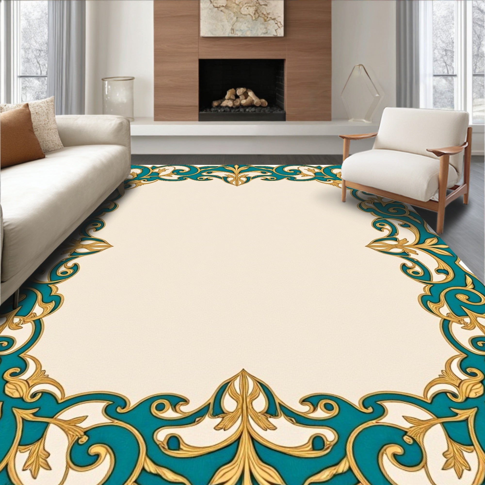 Teal Gold Floral Intricate Border Rug