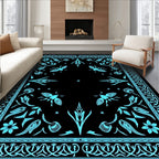 Whimsical Cyan Insect Floral Pattern Rug
