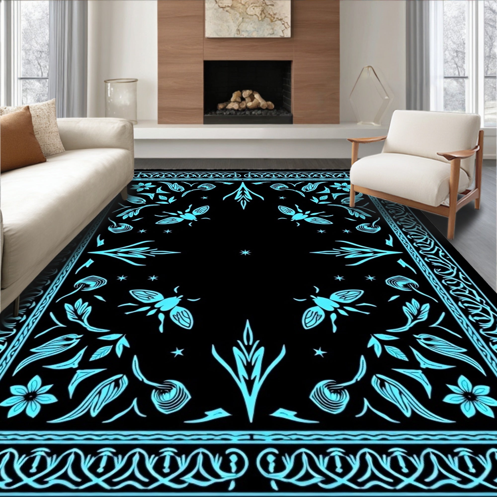 Whimsical Cyan Insect Floral Pattern Rug