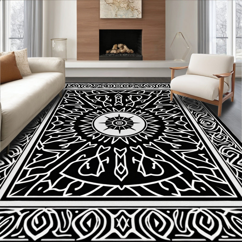 Intricate Black White Sunburst Pattern Rug