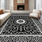 Intricate Black White Sunburst Pattern Rug