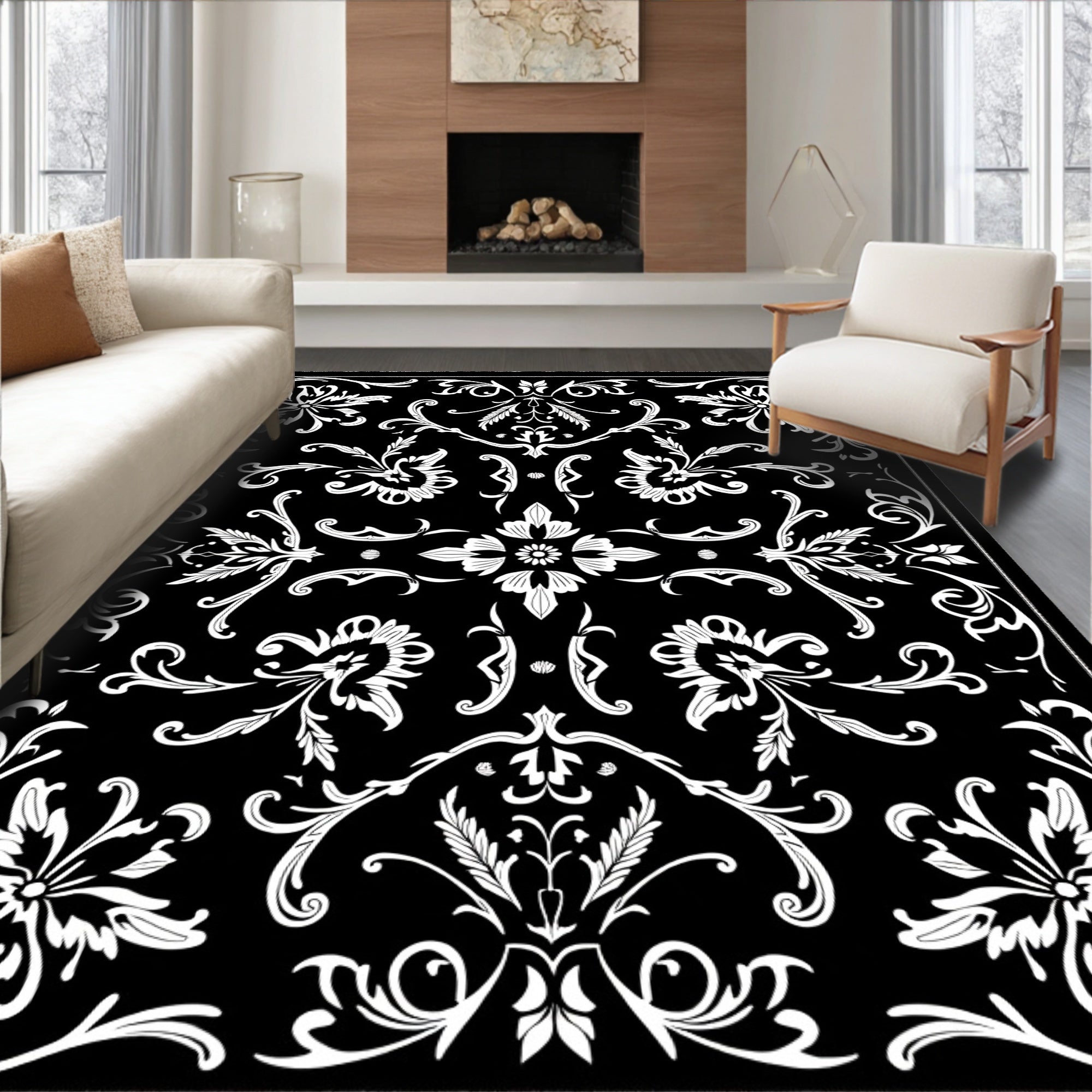 Black White Floral Damask Pattern Rug
